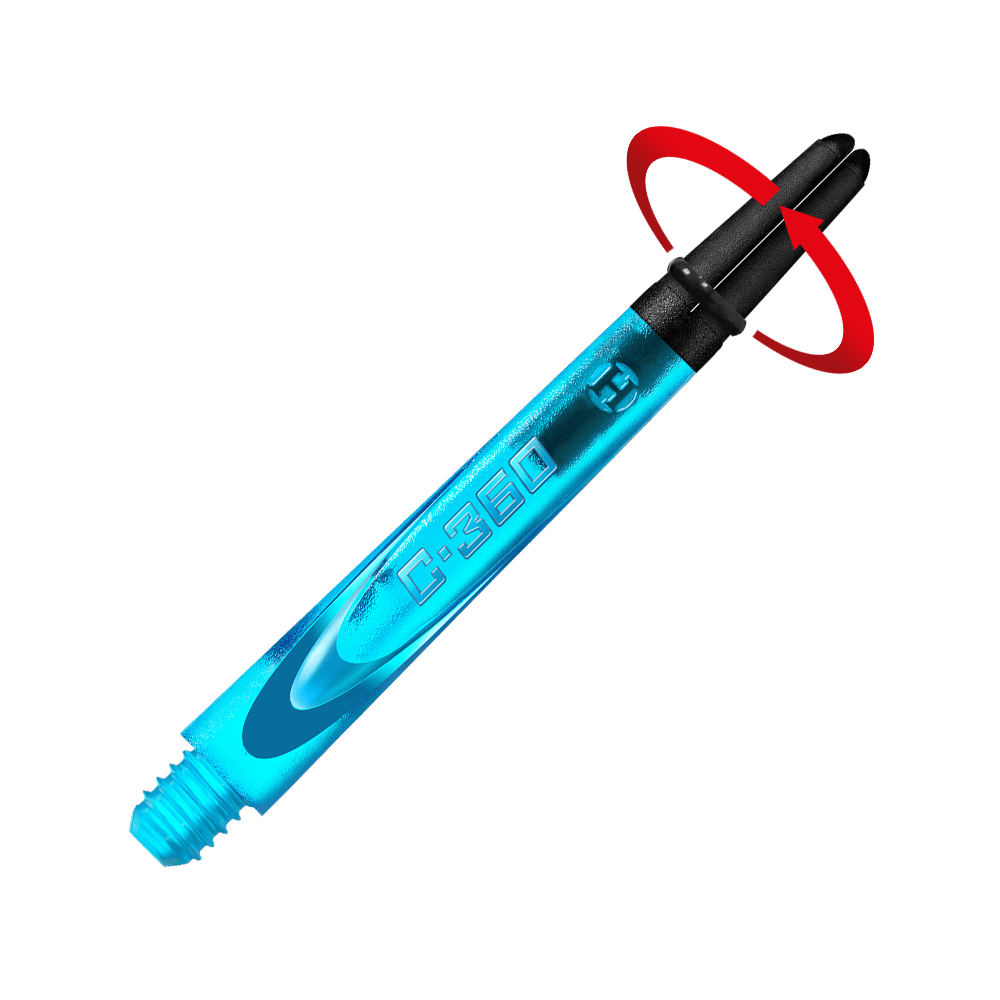 HR445_Harrows_Carbon_360_Shafts_Aqua_49mm_2_Symbol Dies ist ein blauer Dartshaft mit der Aufschrift "C-360". Das obere Ende ist schwarz und hat einen Schlitz für die Befestigung der Flights.