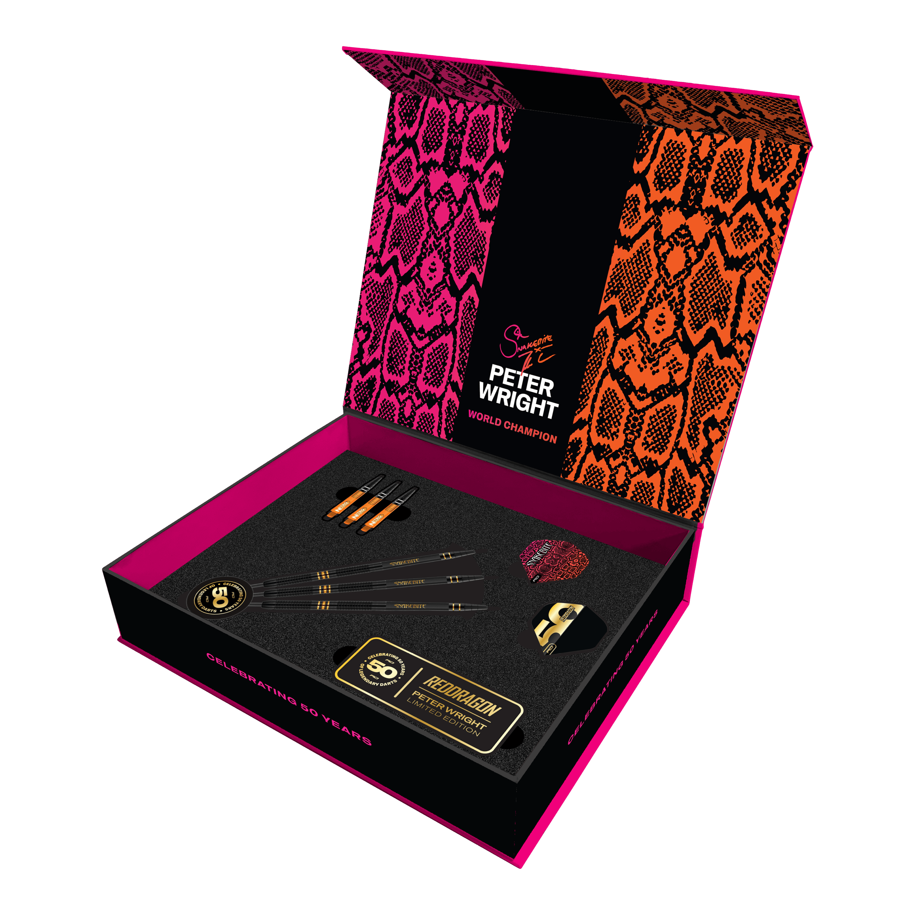 Red Dragon Peter Wright 50 Years Player Limited Edition Steeldarts - 21g. Abgebildet ist ein limitierter Dartpfeil speziell für das Jubiläum von Peter Wright.