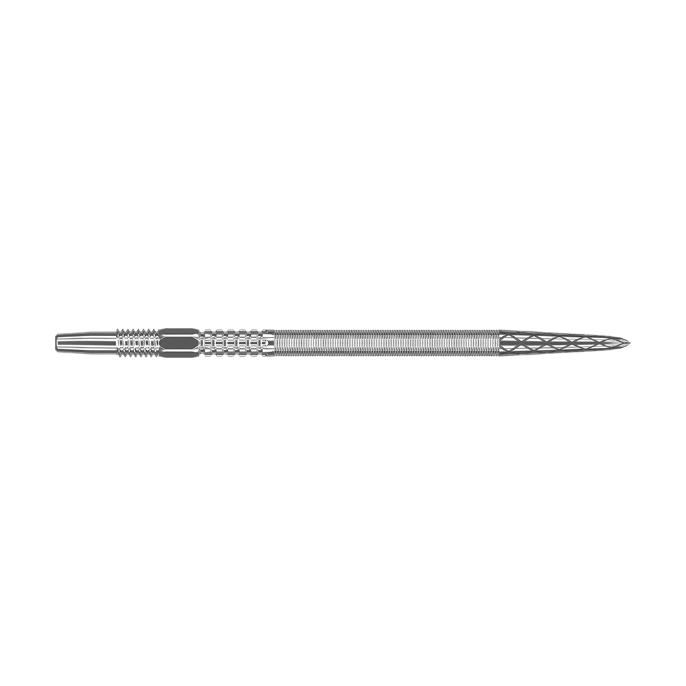 Target Swiss Point DX Dartspitzen - Silver Das Bild zeigt eine silberne Dartspitze mit feinen Rillen und Muster. Die Spitze ist lang und schmal gestaltet.