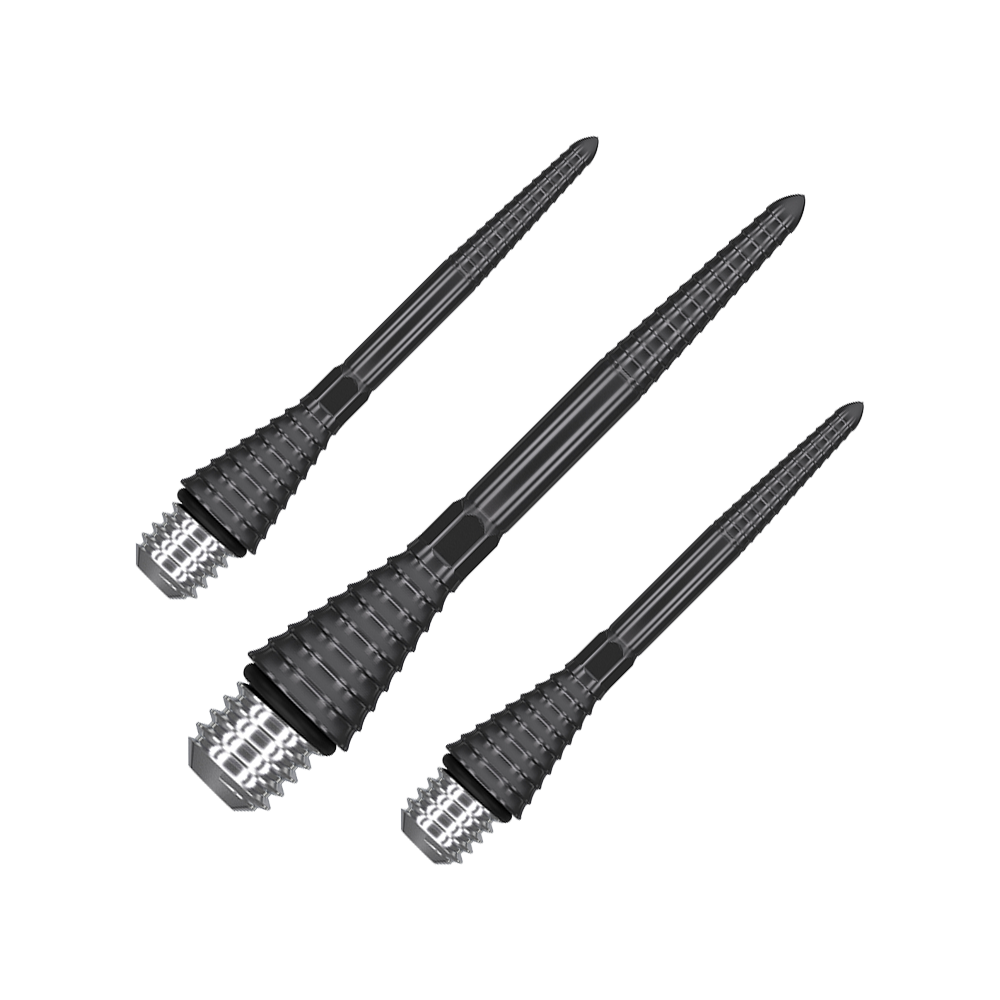 Das Bild zeigt drei schwarze, gerillte Dartspitzen mit Schraubgewinde. Sie sind lang, schmal und aus Metall gefertigt.