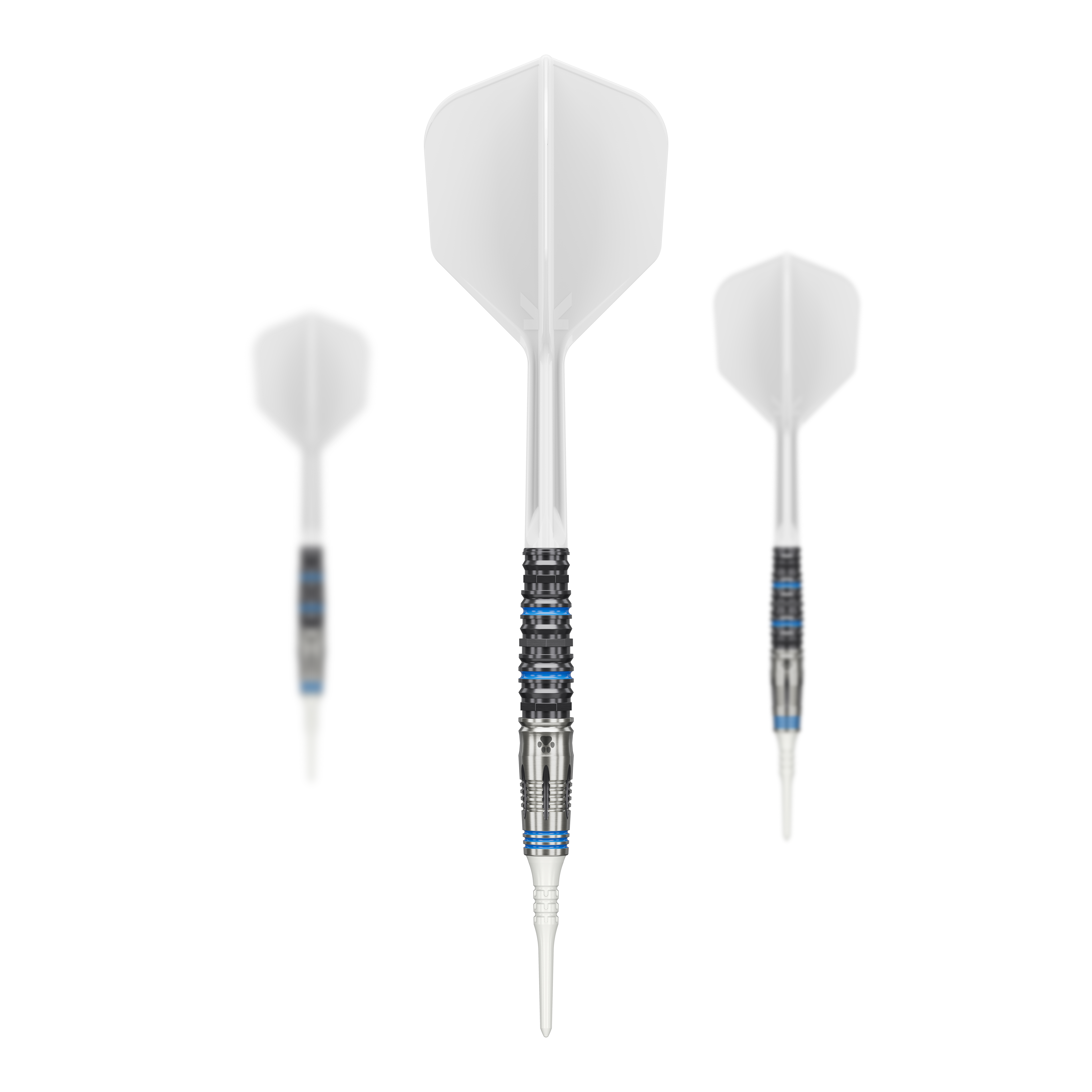 Das Bild zeigt drei Softdarts mit weißen Flights und silber-blau-schwarzen Schäften. Es handelt sich um das Produkt "Target Japan Airi Hirano Charm Kanon GEN4 Softdarts - 17,5g".