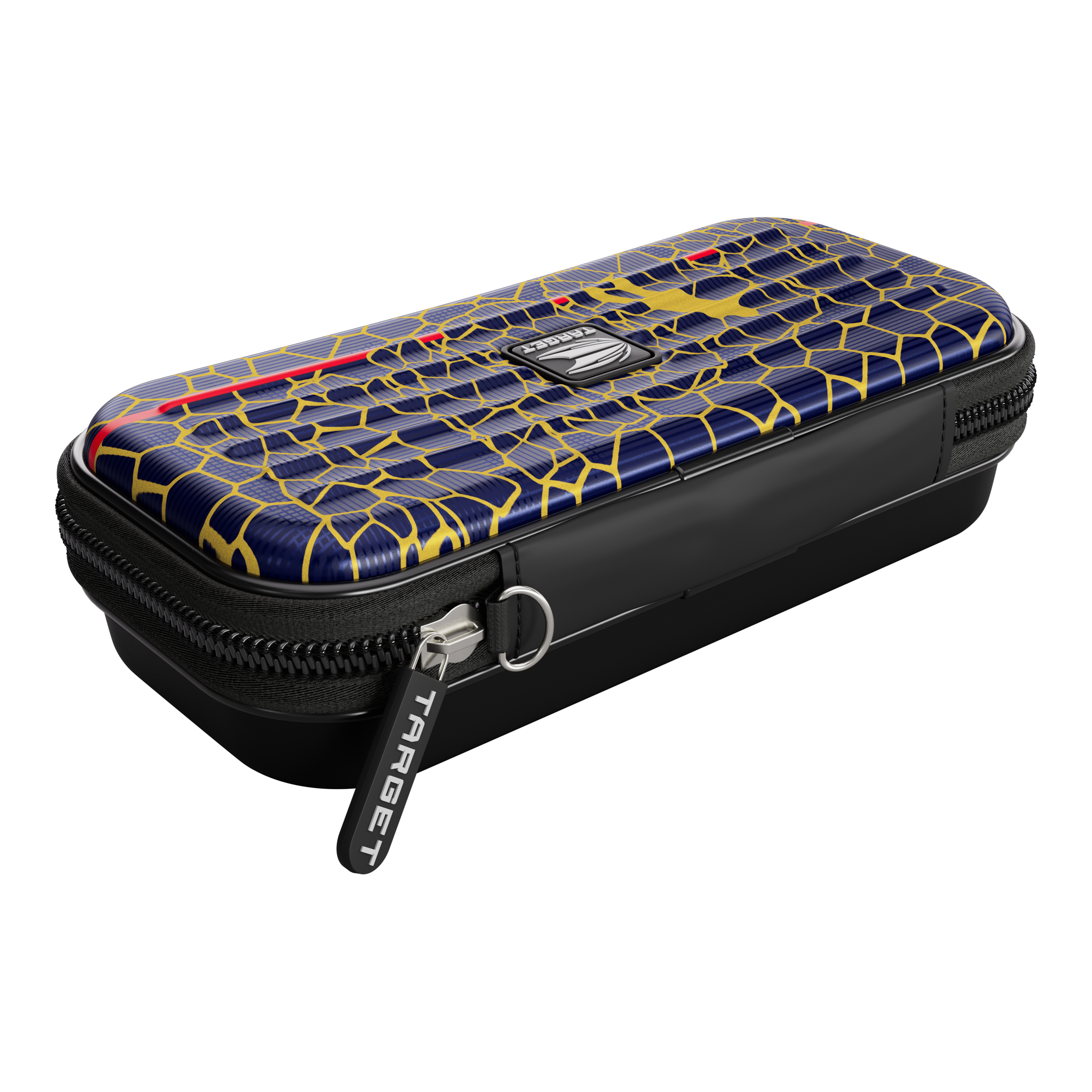 Target Takoma Josh Rock Dartcase Das Bild zeigt ein Target Takoma Josh Rock Dartcase. Das Etui hat ein auffälliges Muster in Blau und Gelb mit einem schwarzen Reißverschluss.