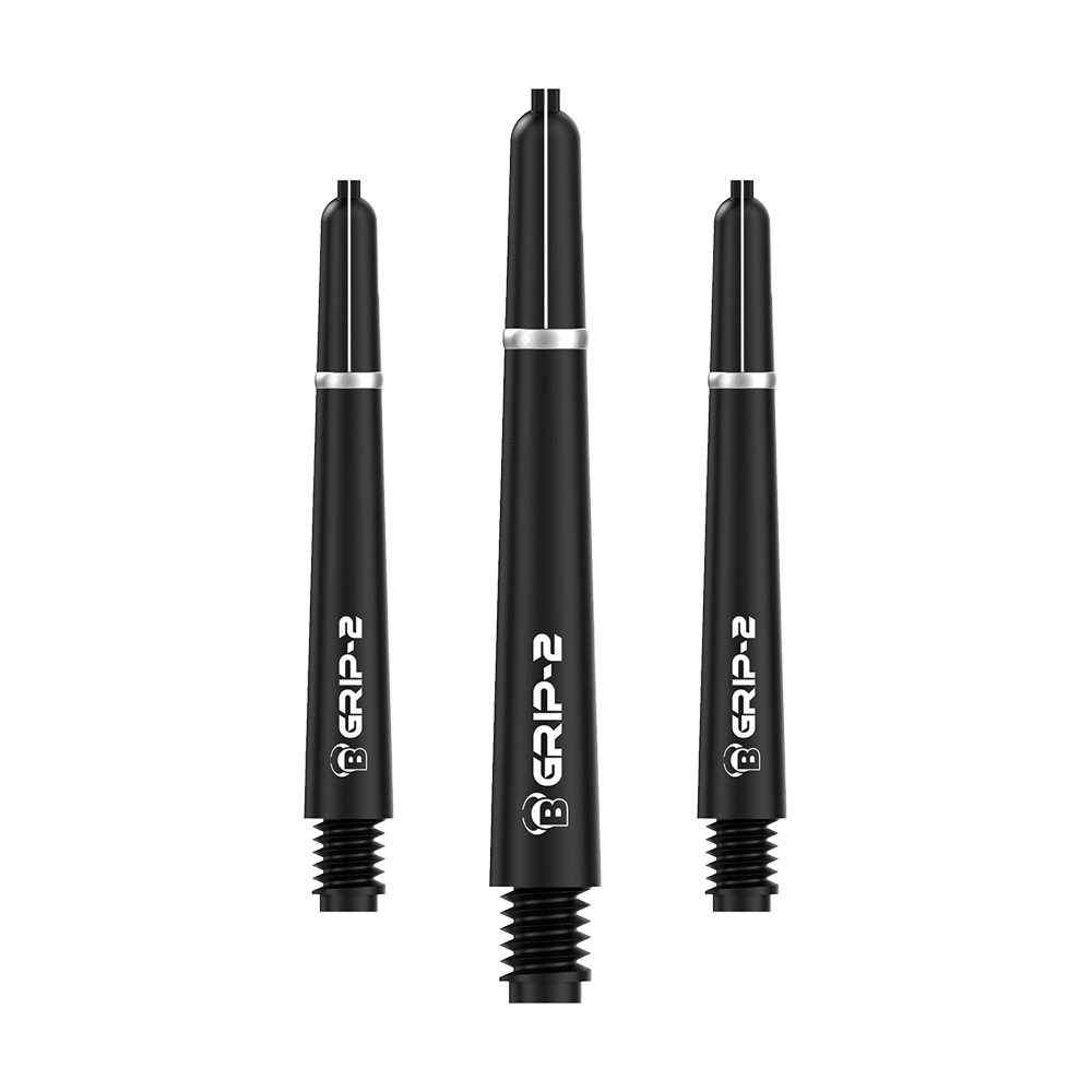 BS55061_Bulls_B-Grip-2_SL_Shafts_Schwarz_41mm_1 Das Bild zeigt drei schwarze Bulls B-Grip-2 SL Shafts für Darts. Sie sind in unterschiedlichen Längen angeordnet und haben eine weiße Beschriftung.