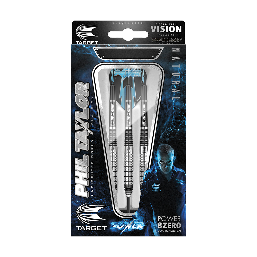 Das Bild zeigt eine Verpackung mit drei Target Phil Taylor Power 8Zero 2 Steeldarts. Auf der Verpackung sind der Name Phil Taylor und ein Bild von ihm abgebildet.