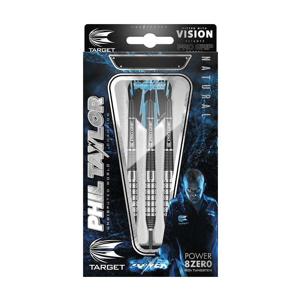 190006-Target-Phil-Taylor-Power-8Zero-2-Steeldarts-3 Das Bild zeigt eine Verpackung mit drei Target Phil Taylor Power 8Zero 2 Steeldarts. Auf der Verpackung sind der Name Phil Taylor und ein Bild von ihm abgebildet.