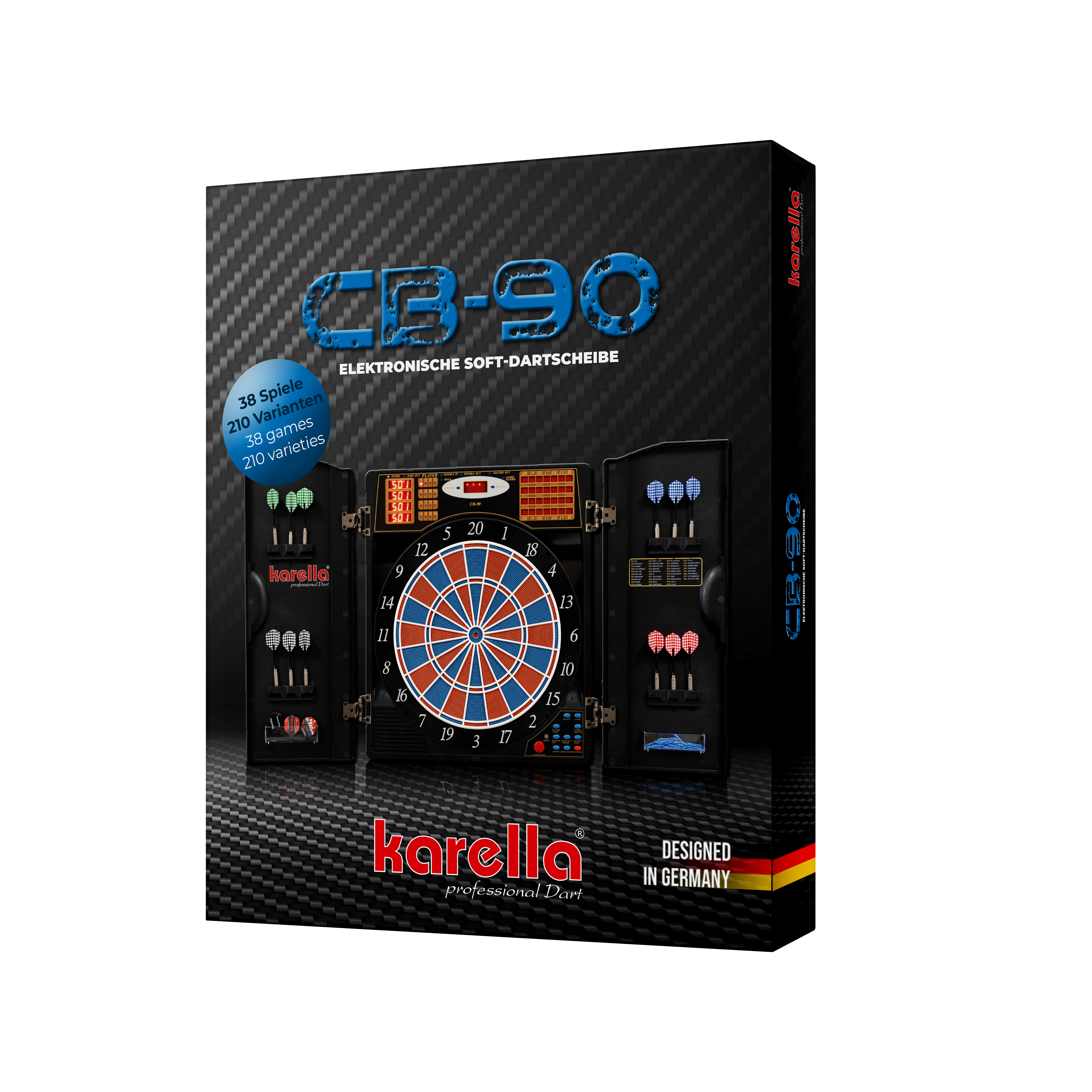 Elektronische Dartscheibe CB 90 Turnierausführung Auf dem Bild ist die Verpackung einer elektronischen Dartscheibe "CB 90 Turnierausführung" von Karella zu sehen. Die Dartscheibe bietet 38 Spiele mit 210 Varianten und ist "Designed in Germany".
