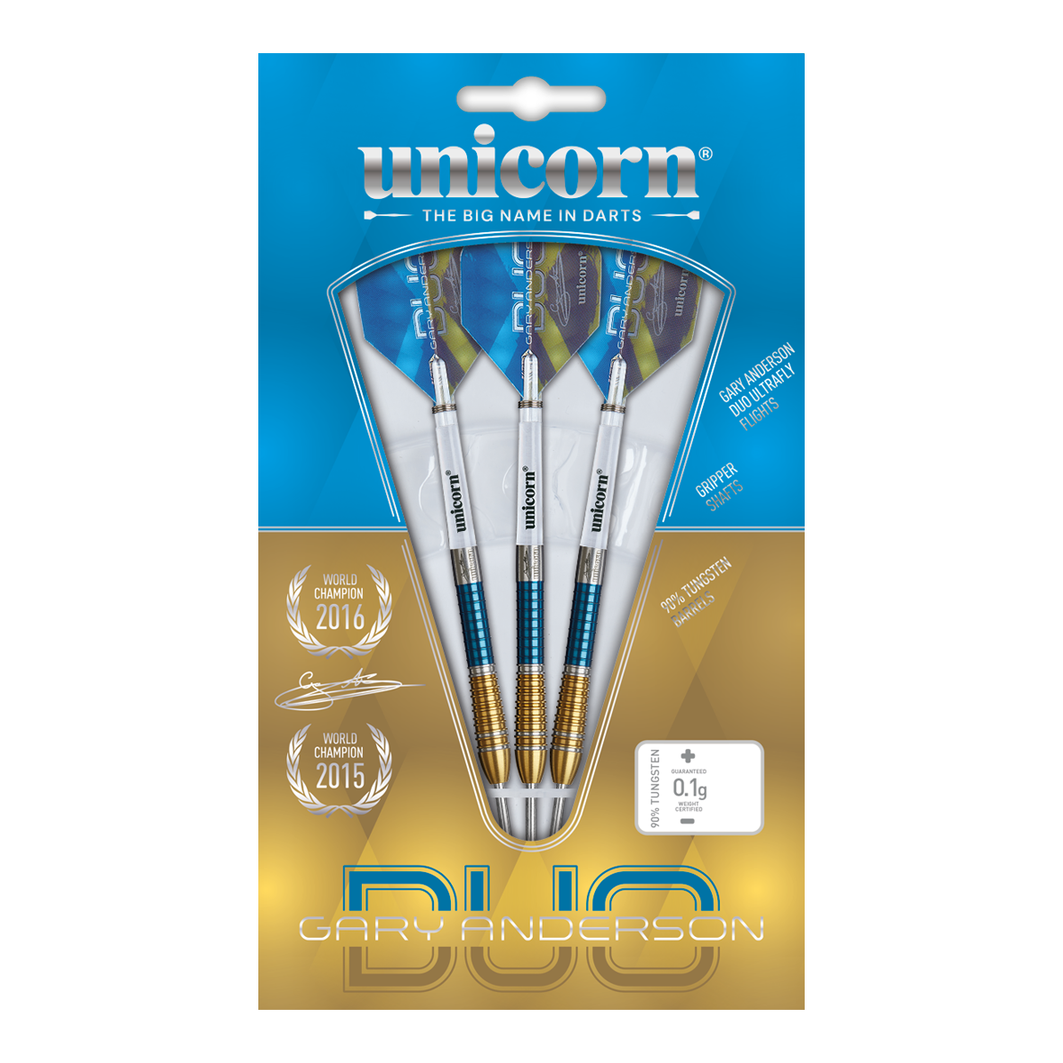 Das Bild zeigt die "Unicorn Gary Anderson Duo Phase 6 Steeldarts" in ihrer Verpackung. Die Darts sind in Blau und Gold gestaltet und werden als Profi-Darts beworben.
