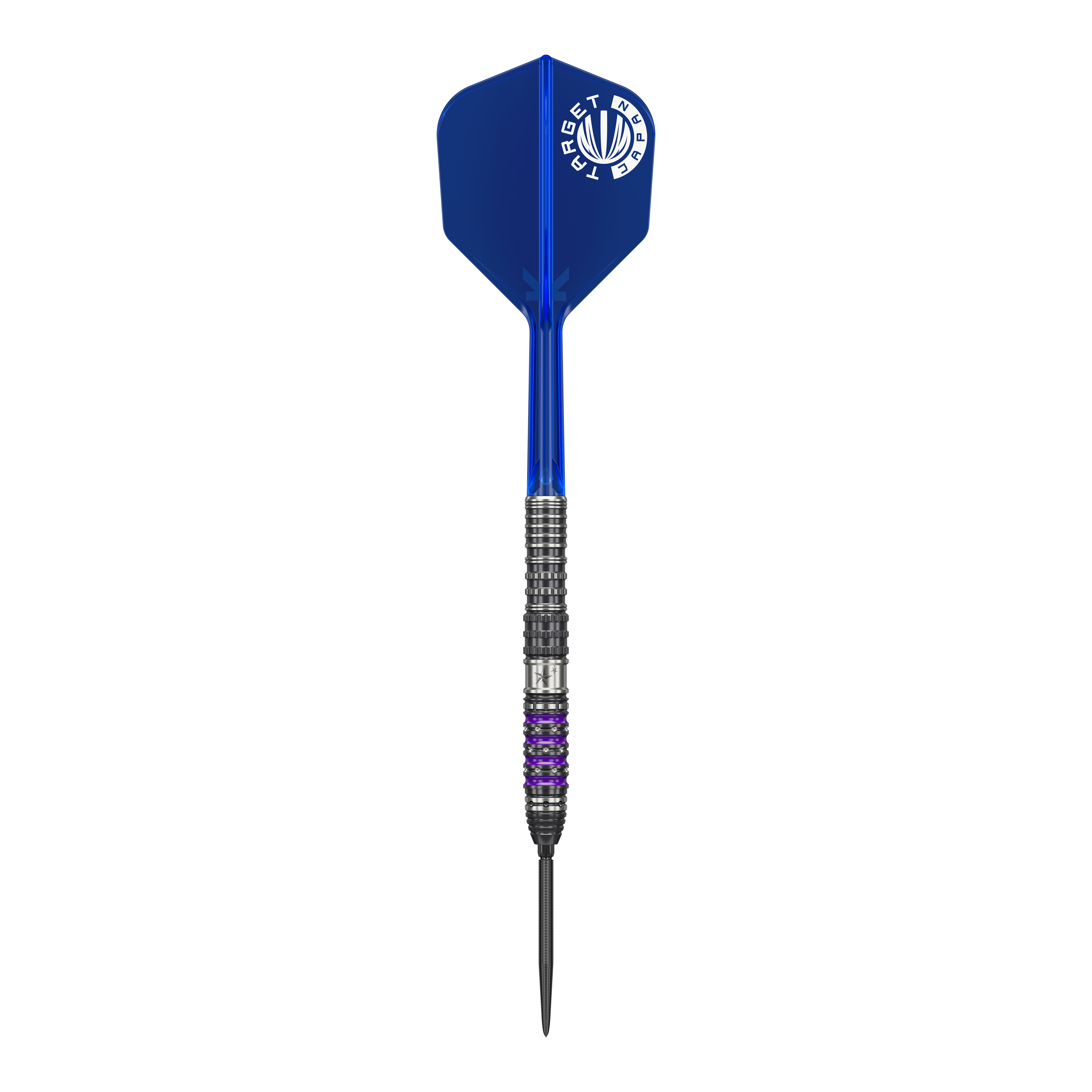 Target Japan Prime Series Sirius GEN4 Swiss Point Steeldarts Das Bild zeigt einen Target Japan Prime Series Sirius GEN4 Swiss Point Steeldart. Der Dart hat eine blaue Flight mit weißem Logo und ein metallisches Barrel mit lilafarbenen Akzenten.