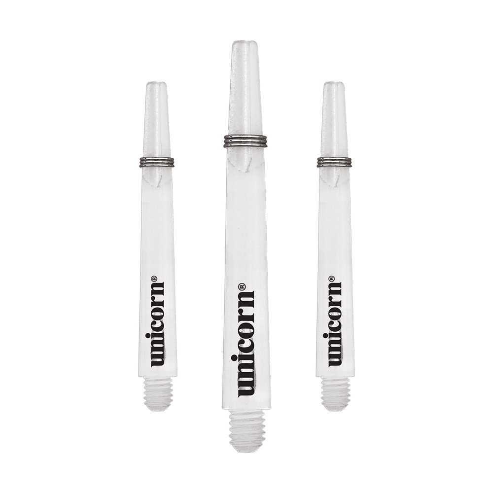 Das Bild zeigt drei klare Unicorn Gripper 3 Mirage Shafts für Dartpfeile. Die Shafts sind 44,2 mm lang und haben den schwarzen Schriftzug "unicorn" aufgedruckt.
