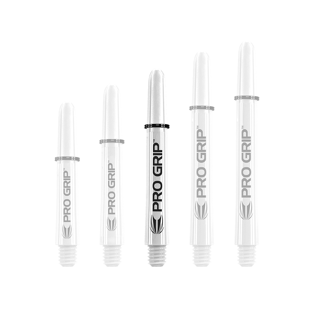 Target Pro Grip Shafts - 3 Sets - Weiß Das Bild zeigt fünf weiße Dartschäfte mit der Aufschrift "PRO GRIP". Sie sind in einer Reihe nach ihrer Länge sortiert.