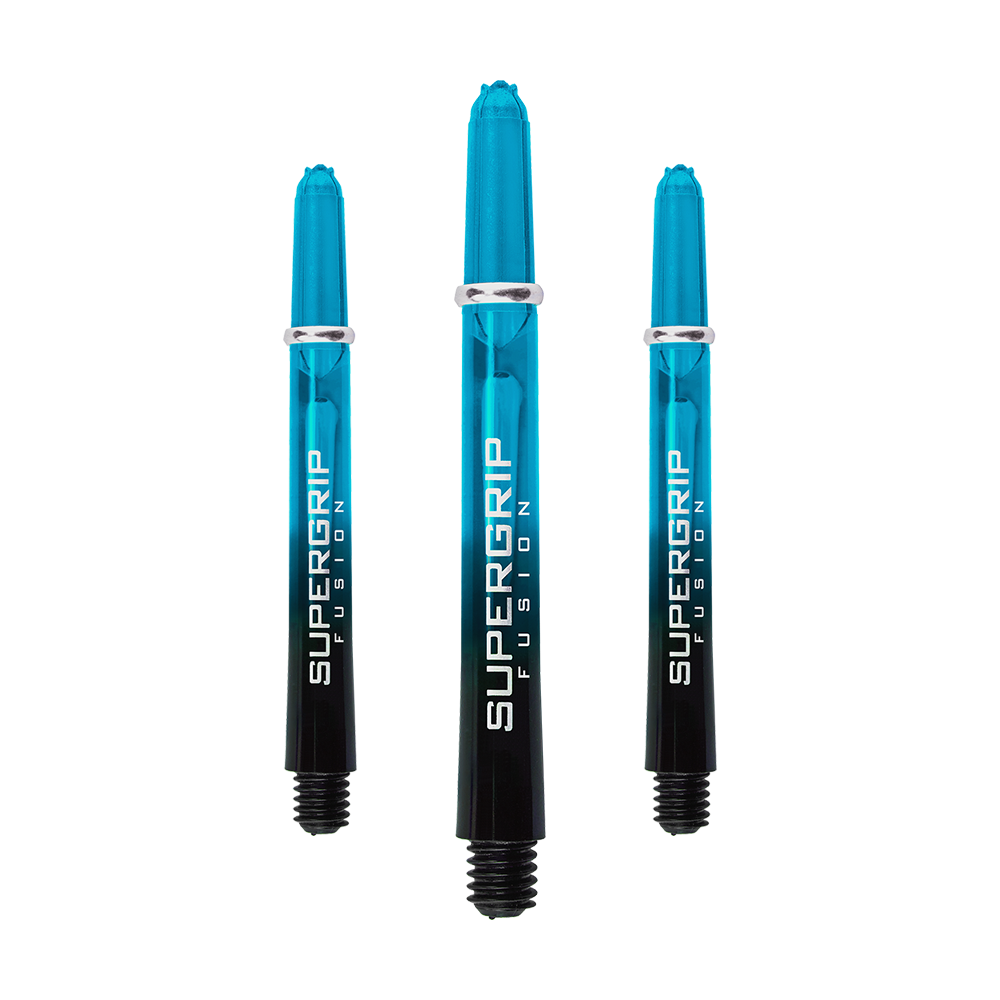 Das Bild zeigt drei Harrows Supergrip Fusion Shafts in der Farbe Aqua. Die Shafts sind lang, überwiegend blau und haben einen schwarzen unteren Teil.