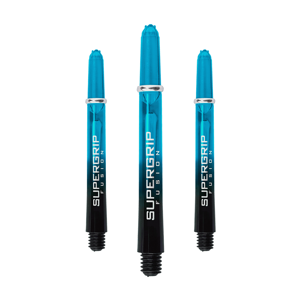 HR347_Harrows_Supergrip_Fusion_Shafts_Aqua_47mm_1iP5yOFZBFwfOh Das Bild zeigt drei Harrows Supergrip Fusion Shafts in der Farbe Aqua. Die Shafts sind lang, überwiegend blau und haben einen schwarzen unteren Teil.