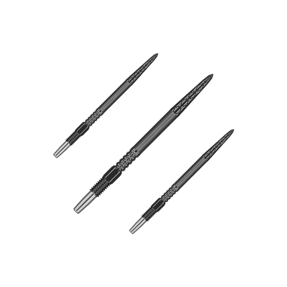 Das Bild zeigt drei schwarze Dartspitzen, die nebeneinander angeordnet sind. Sie haben ein geriffeltes Design und eine spitze Form.