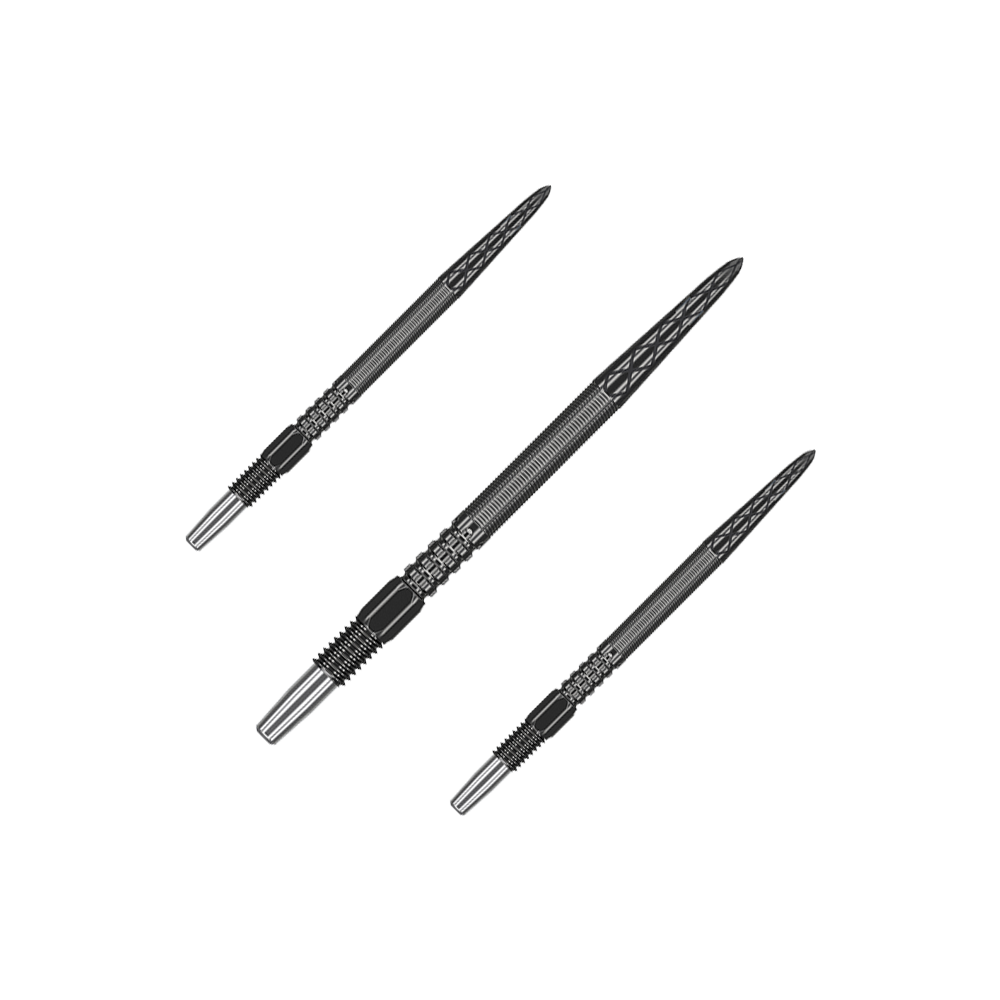 Target Swiss Point DX Dartspitzen - Black Das Bild zeigt drei schwarze Dartspitzen, die nebeneinander angeordnet sind. Sie haben ein geriffeltes Design und eine spitze Form.