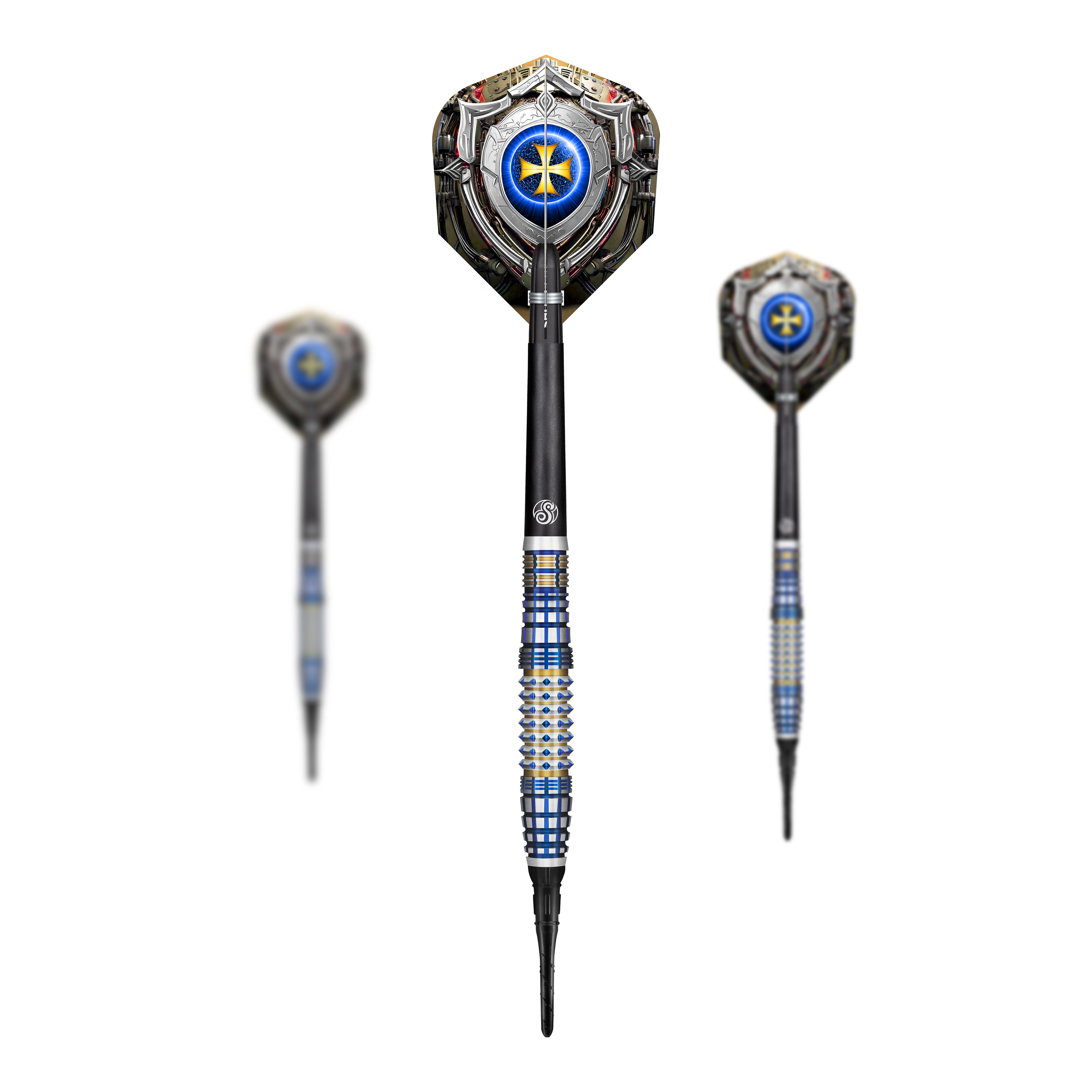Auf dem Bild sind drei Softdarts des Modells 'Shot Future Knights Darkstar Softdarts - 20g' zu sehen. Die Darts haben ein futuristisches Design mit blauen und silbernen Akzenten.