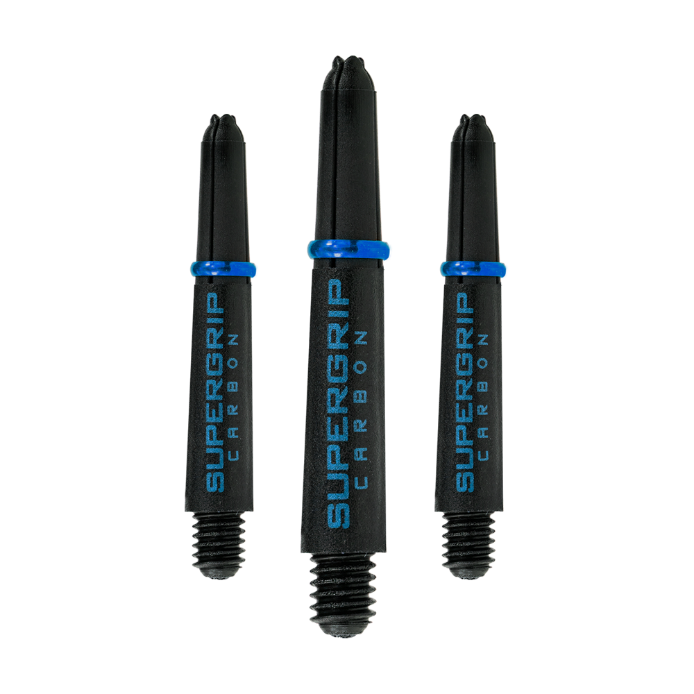 Das Bild zeigt drei Harrows Supergrip Carbon Shafts in der Farbe Aqua. Die Dartschäfte sind schwarz mit blauer Aufschrift und einem blauen Ring.