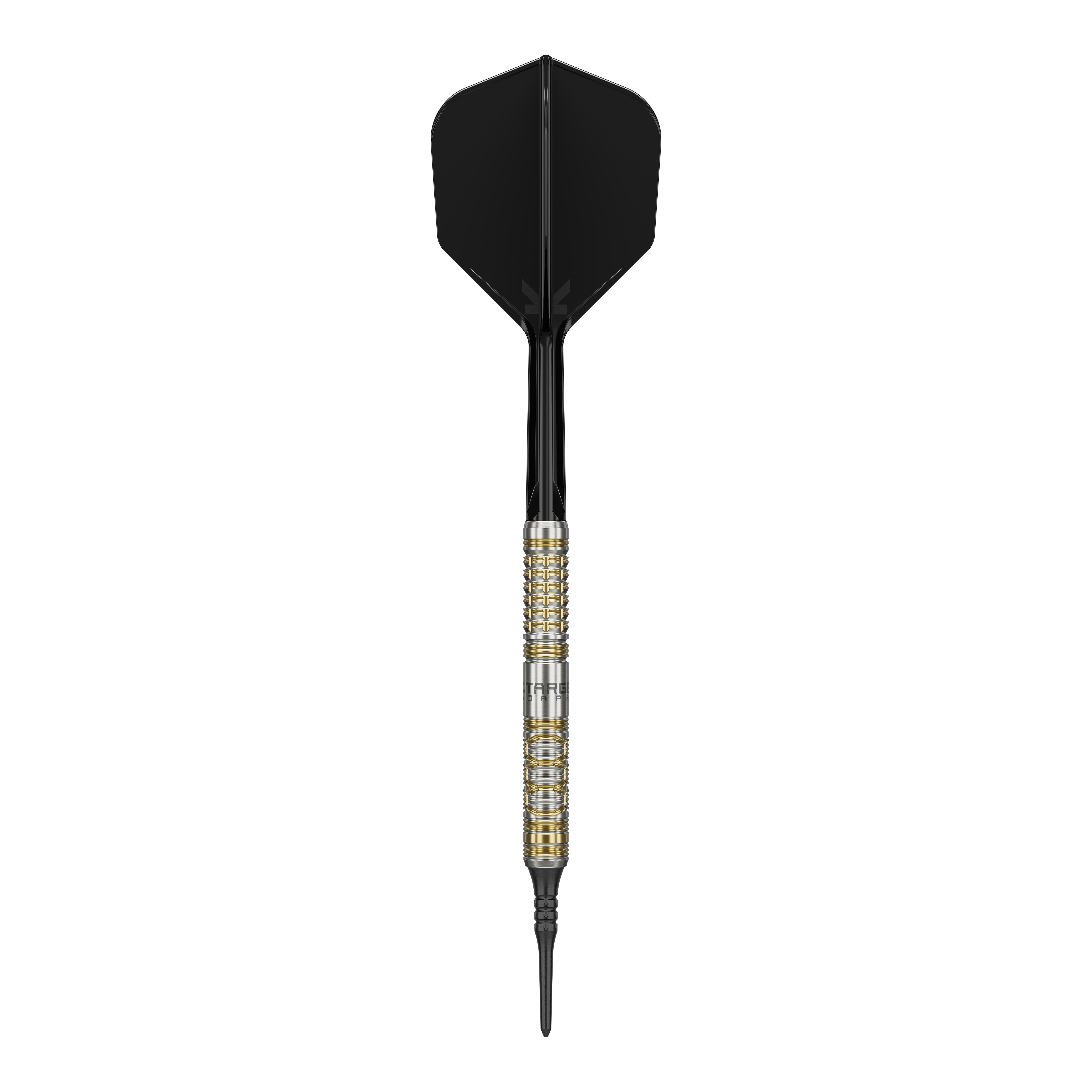 Auf dem Bild ist ein Softdartpfeil des Modells "Target Japan Black Marque Reyn GEN2 Softdarts - 17,5g" zu sehen. Er hat eine silberne und goldene Griffzone sowie schwarze Flights und Spitze.