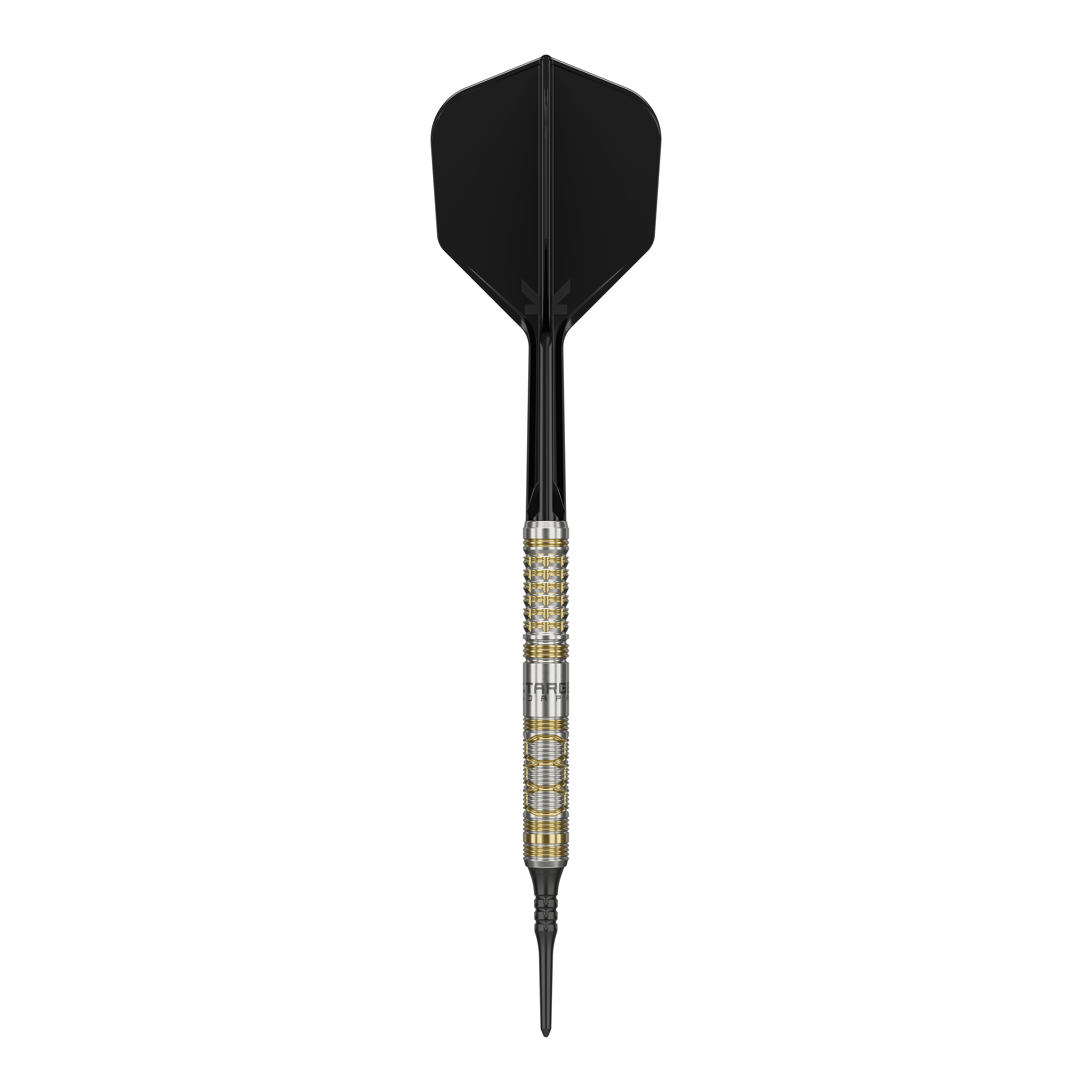 Target Japan Black Marque Reyn GEN2 Softdarts - 17,5g Auf dem Bild ist ein Softdartpfeil des Modells "Target Japan Black Marque Reyn GEN2 Softdarts - 17,5g" zu sehen. Er hat eine silberne und goldene Griffzone sowie schwarze Flights und Spitze.