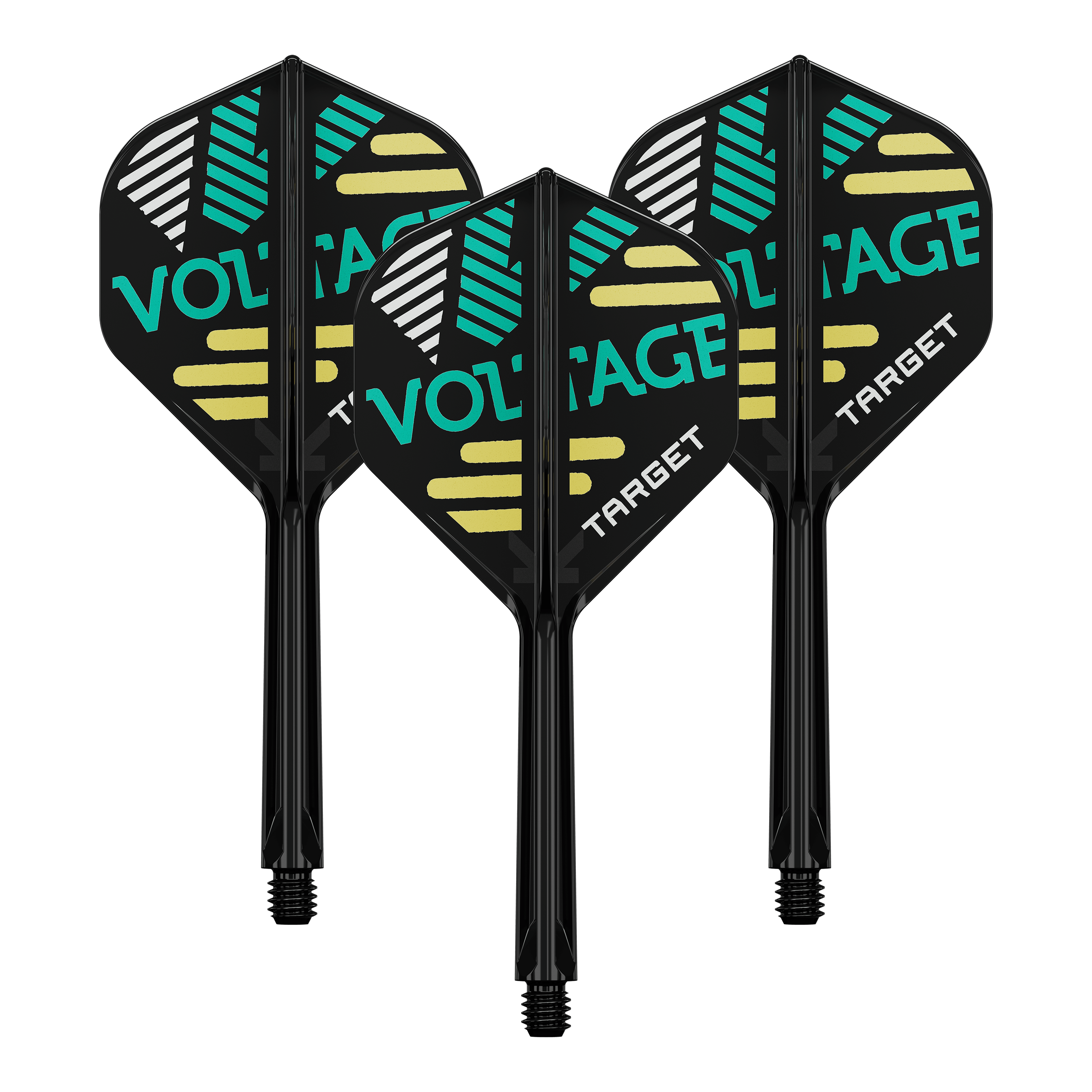 Auf dem Bild sind drei Dart-Flights mit Schäften zu sehen. Die Flights sind schwarz und tragen die Aufschrift "VOLTAGE" und "TARGET" in grüner und weißer Farbe.