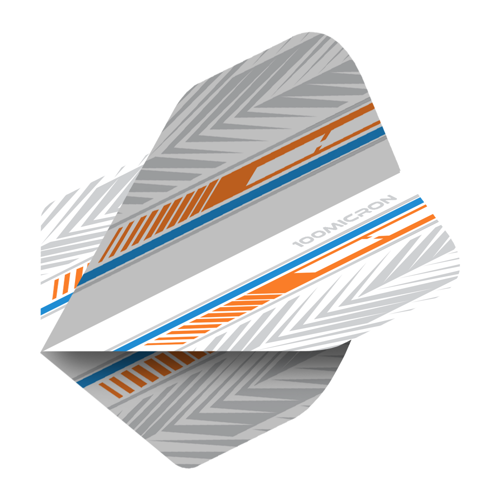 Pentathlon Flights weiß/orange/blau Das Bild zeigt ein Pentathlon Standard Dartflight in den Farben Weiß, Orange und Blau. Das Flight hat ein modernes, grafisches Muster mit der Aufschrift "100 MICRON".