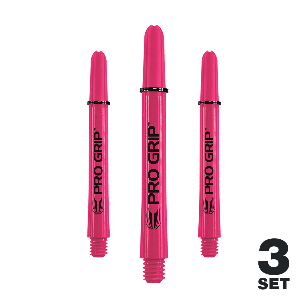 Target Pro Grip Shafts - 3 Sets - Pink Das Bild zeigt drei pinke Pro Grip Shafts für Dartpfeile. In der rechten unteren Ecke steht "3 SET".