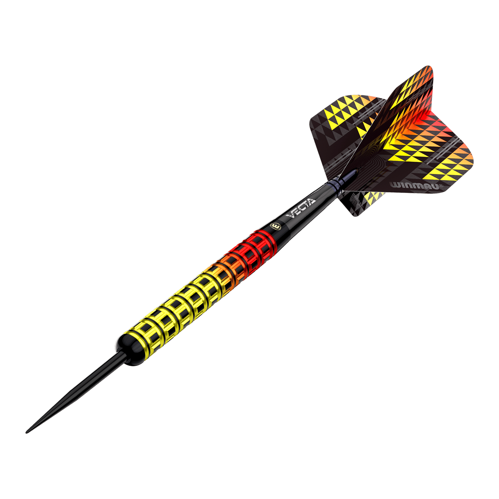 Das Bild zeigt einen Winmau Firestorm Flame Parallel Steeldart. Der Dart hat ein auffälliges Design mit einem Griff in Gelb, Rot und Schwarz sowie passenden Flight-Mustern.