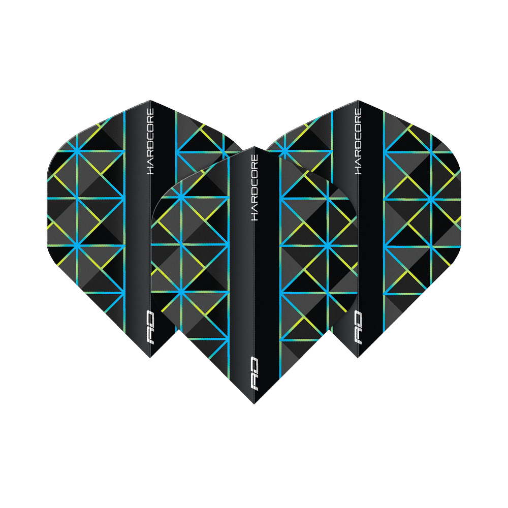 Das Bild zeigt drei Dart-Flights des Modells "Red Dragon Hardcore Dragonfly 95 No2 Standard". Die Flights sind schwarz mit blauen und gelben geometrischen Linienmustern gestaltet.