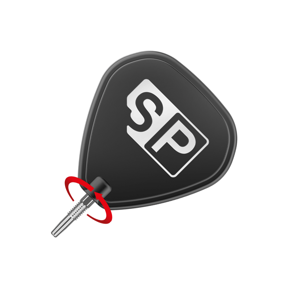 Target Swiss Firepoint Silver Dartspitzen Das Bild zeigt eine schwarze Dartspitze mit der Aufschrift "SP" in Weiß. Neben der Spitze befindet sich ein roter Pfeil, der eine Drehbewegung anzeigt.