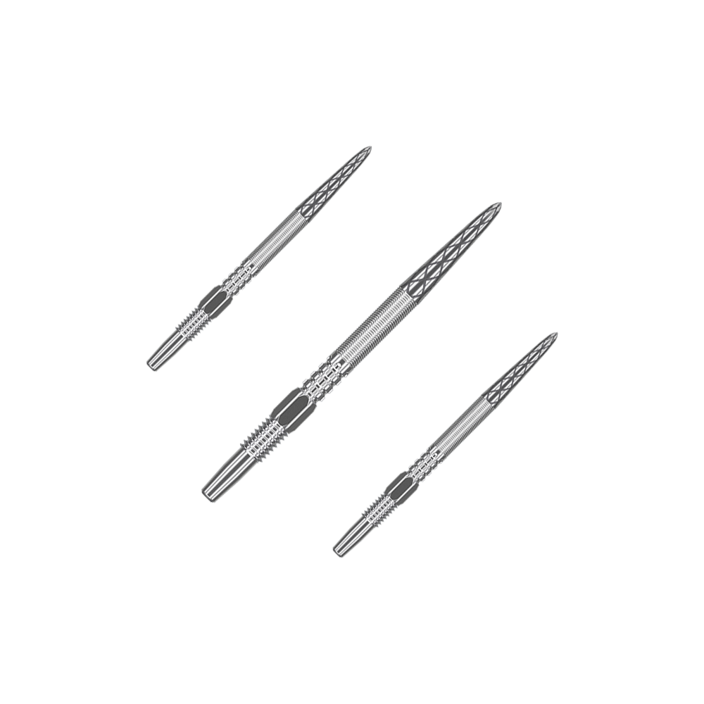 Das Bild zeigt drei silberne Dartspitzen, die nebeneinander angeordnet sind. Sie haben eine detaillierte Struktur und sind aus Metall gefertigt.
