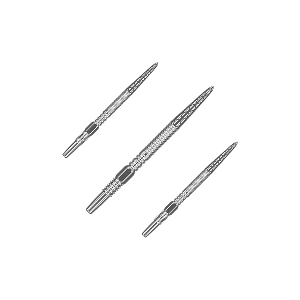 Target Swiss Point DX Dartspitzen - Silver Das Bild zeigt drei silberne Dartspitzen, die nebeneinander angeordnet sind. Sie haben eine detaillierte Struktur und sind aus Metall gefertigt.