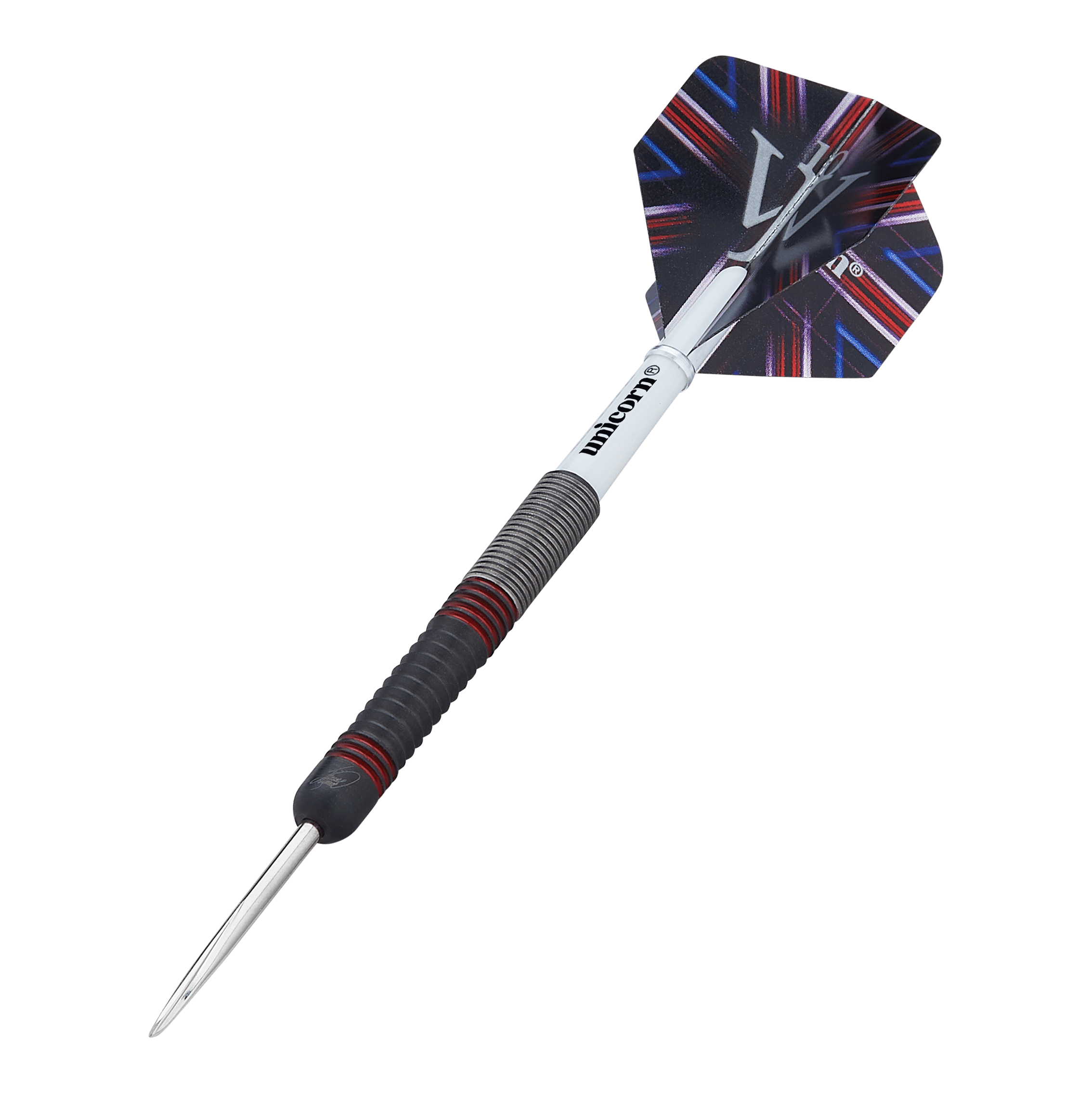 Das Bild zeigt einen Steeldart namens "Unicorn The Machine James Wade 80%". Der Dart hat ein schwarz-rotes Griffstück und ein auffälliges Flight-Design.