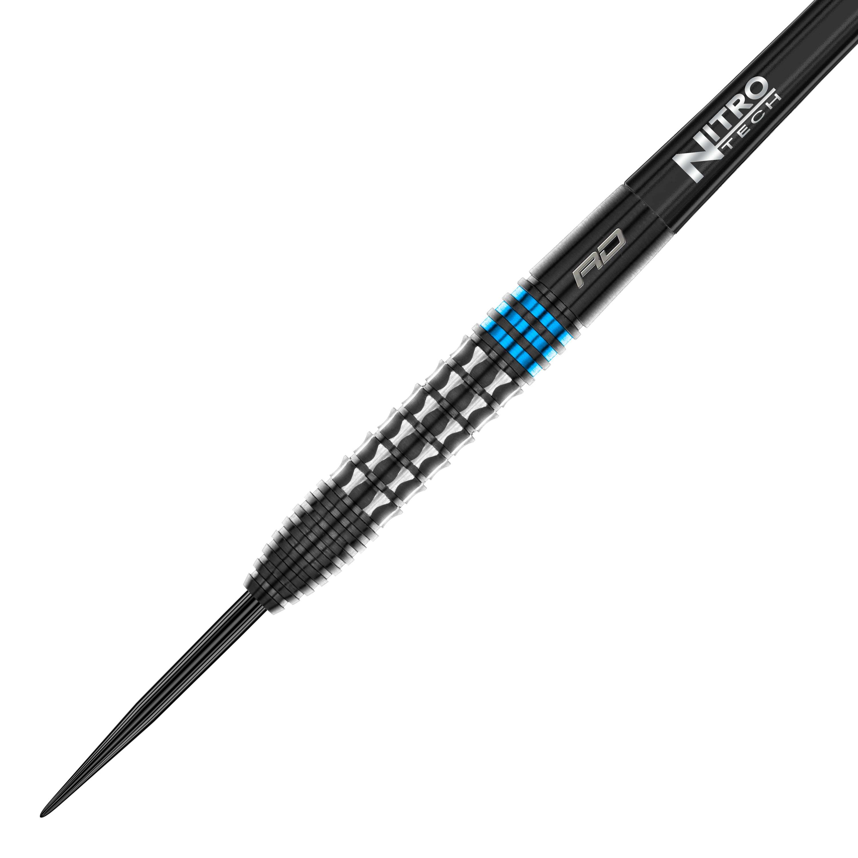 Red Dragon Vengeance Blue Steeldarts Das Bild zeigt einen Red Dragon Vengeance Blue Steeldart. Der Dartpfeil ist schwarz mit blauen Akzenten und hat eine strukturierte Griffoberfläche.