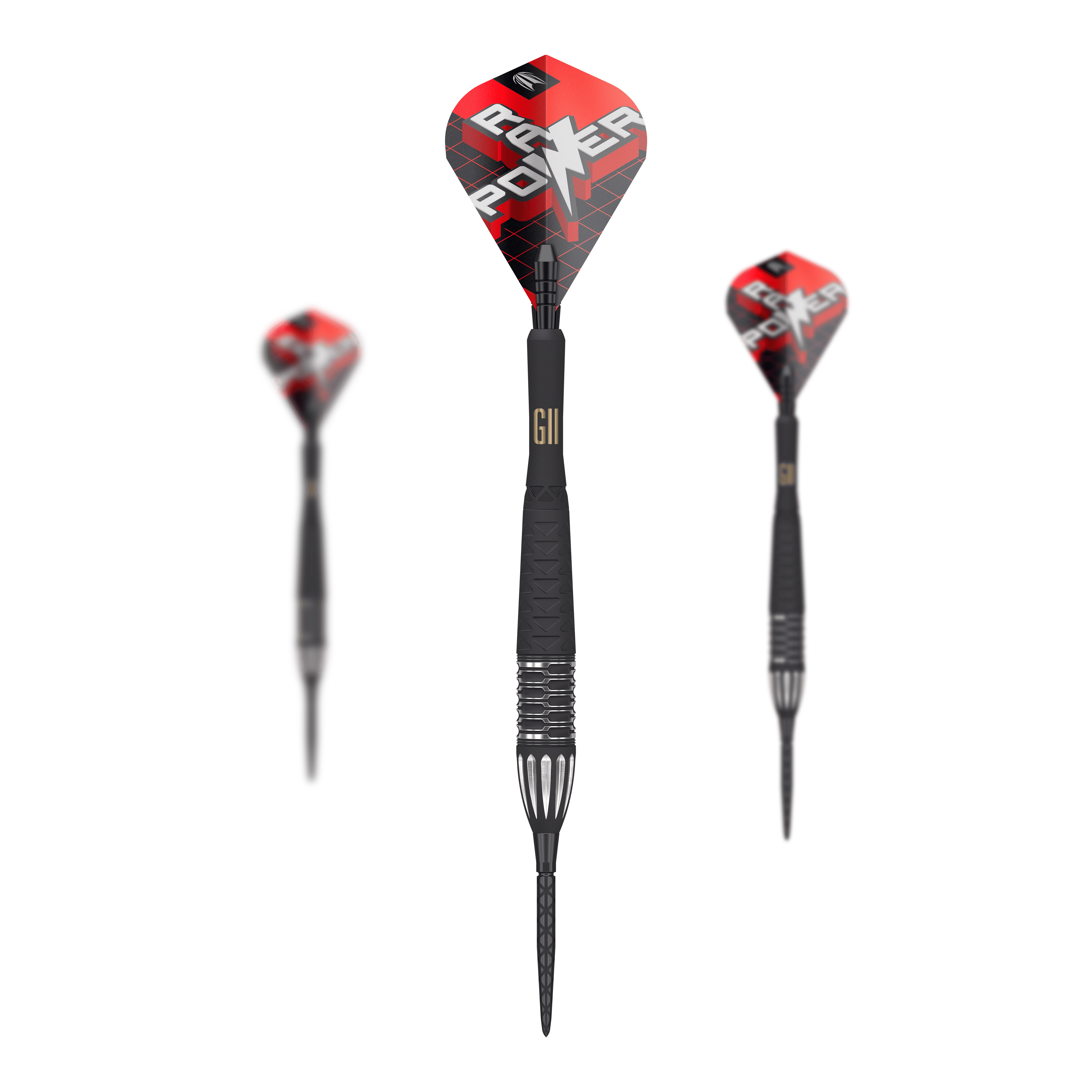 Das Bild zeigt drei Steeldarts des Modells "Target Phil Taylor RAW Power 9Five GEN11 Swiss Point". Die Darts haben schwarze Schäfte und rote Flights mit der Aufschrift "POWER".