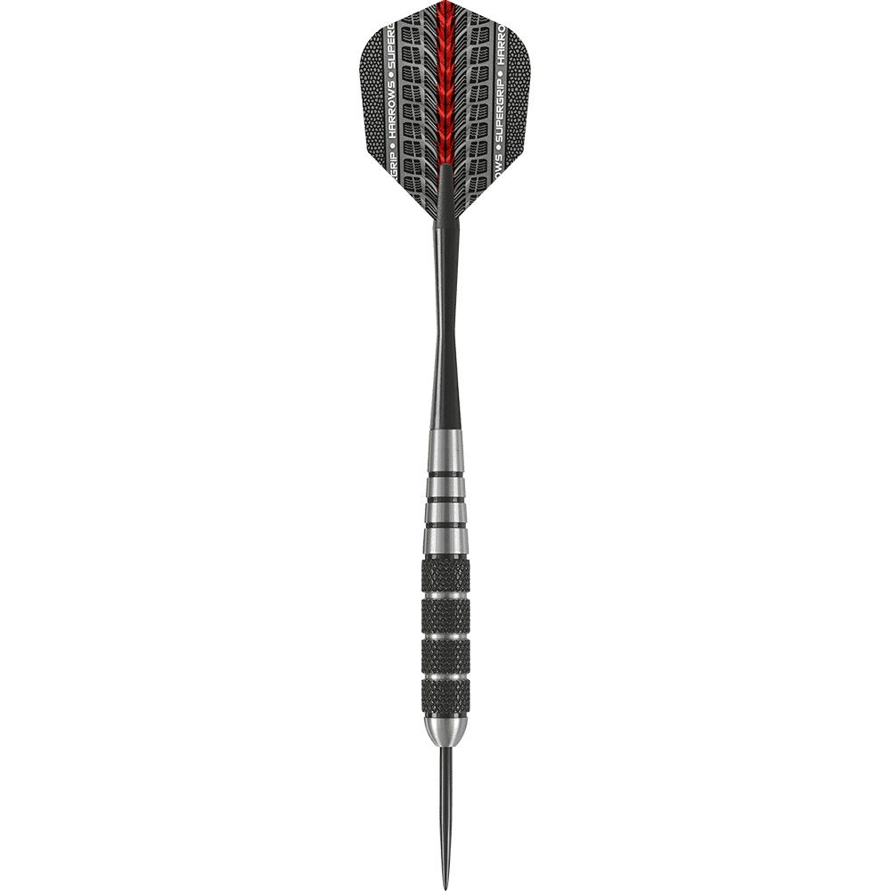 Das Bild zeigt einen Harrows Black Jack Steeldart mit schwarzem Griff und silbernen Ringen. Die Flights sind schwarz mit roten und weißen Akzenten und dem Schriftzug "HARROWS SUPERGRIP".