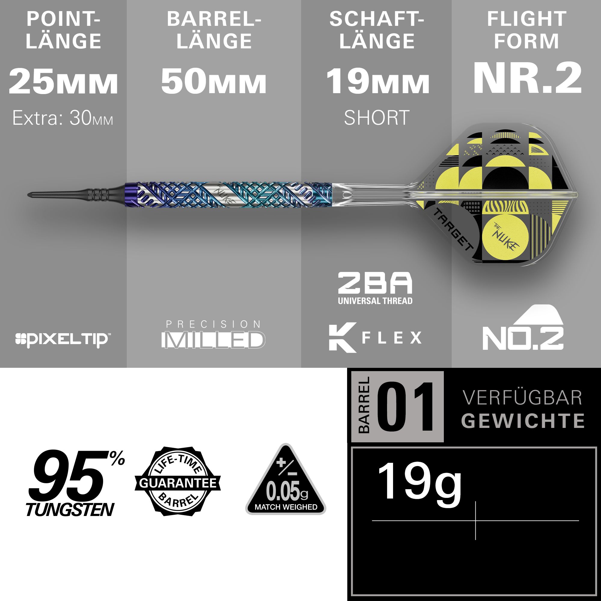 Target Luke Littler Edge Softdarts - 19g Abgebildet sind die Target Luke Littler Edge Softdarts - 19g. Die Darts liegen auf einer glatten Oberfläche und sind aus der Nähe zu sehen.