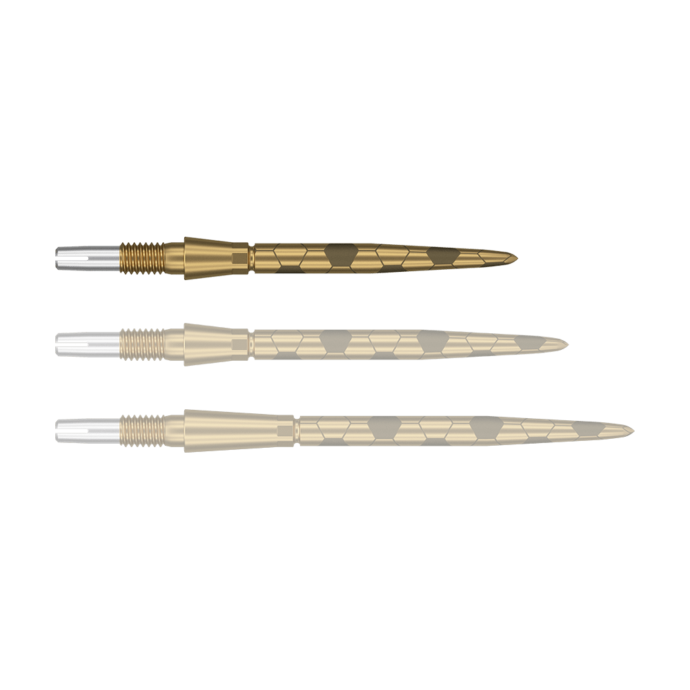 Target Swiss Storm Onyx Point Dartspitzen - Gold Das Bild zeigt drei goldfarbene Dartspitzen mit sechseckigen Mustern. Sie liegen nebeneinander und sind in unterschiedlichen Perspektiven dargestellt.