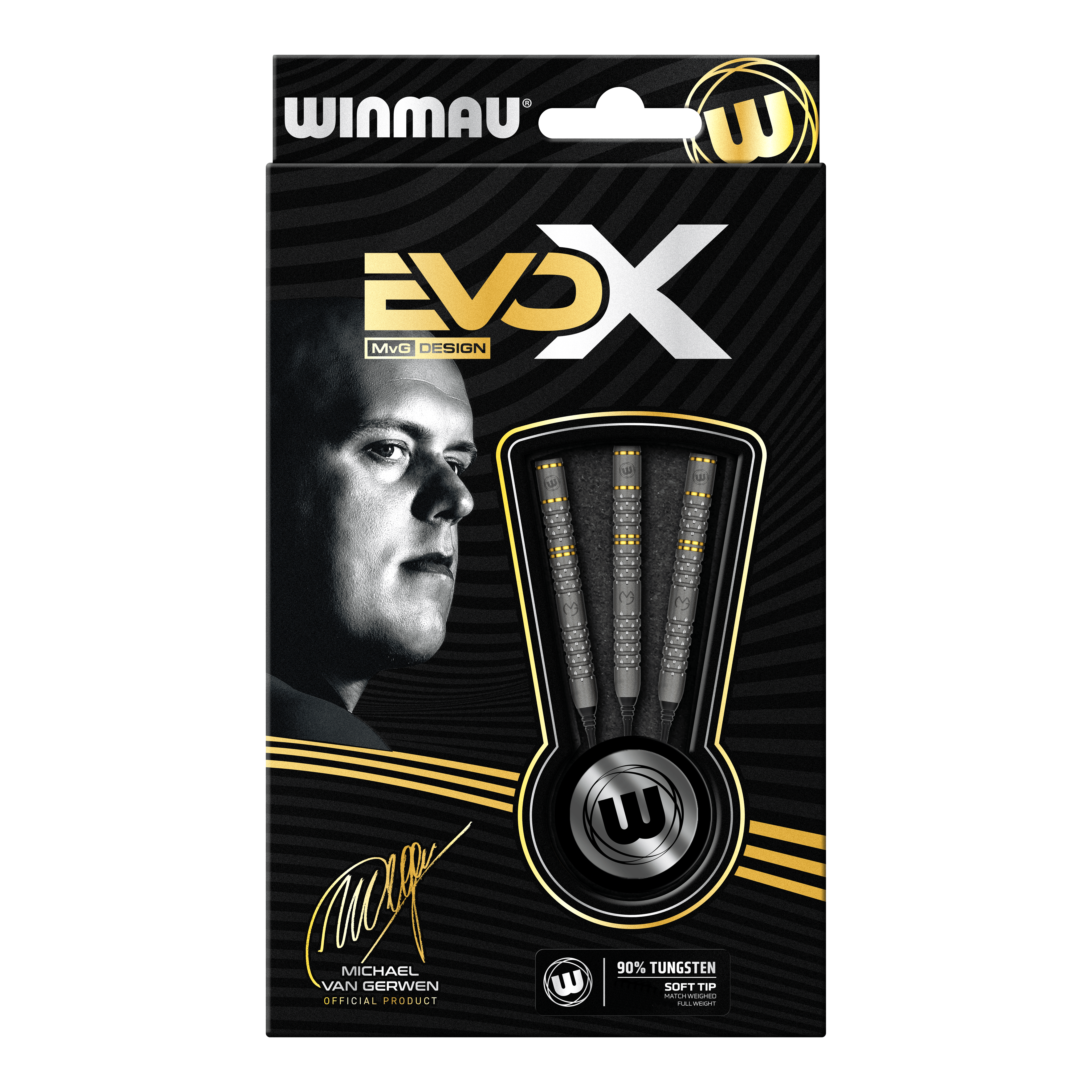 Winmau Michael Van Gerwen Evo-X Softdarts - 20g Die Abbildung zeigt die Verpackung der "Winmau Michael Van Gerwen Evo-X Softdarts - 20g". Auf der Vorderseite sind drei Softdarts sowie ein Porträt von Michael Van Gerwen zu sehen.