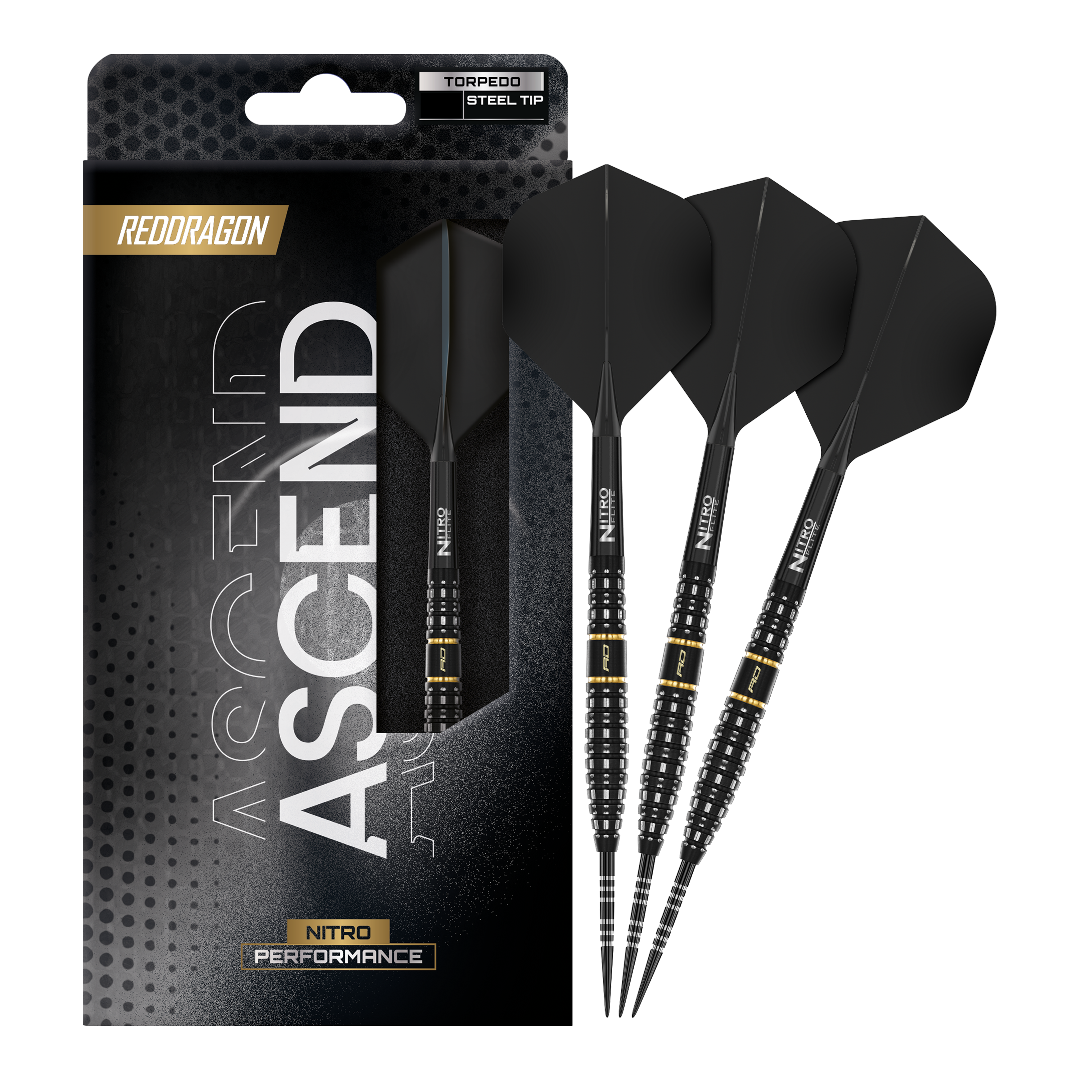 Red Dragon Ascend Torpedo Steeldarts Zu sehen ist das komplette Set der Red Dragon Ascend Torpedo Steeldarts. Die Aufnahme zeigt alle enthaltenen Komponenten des Produkts.