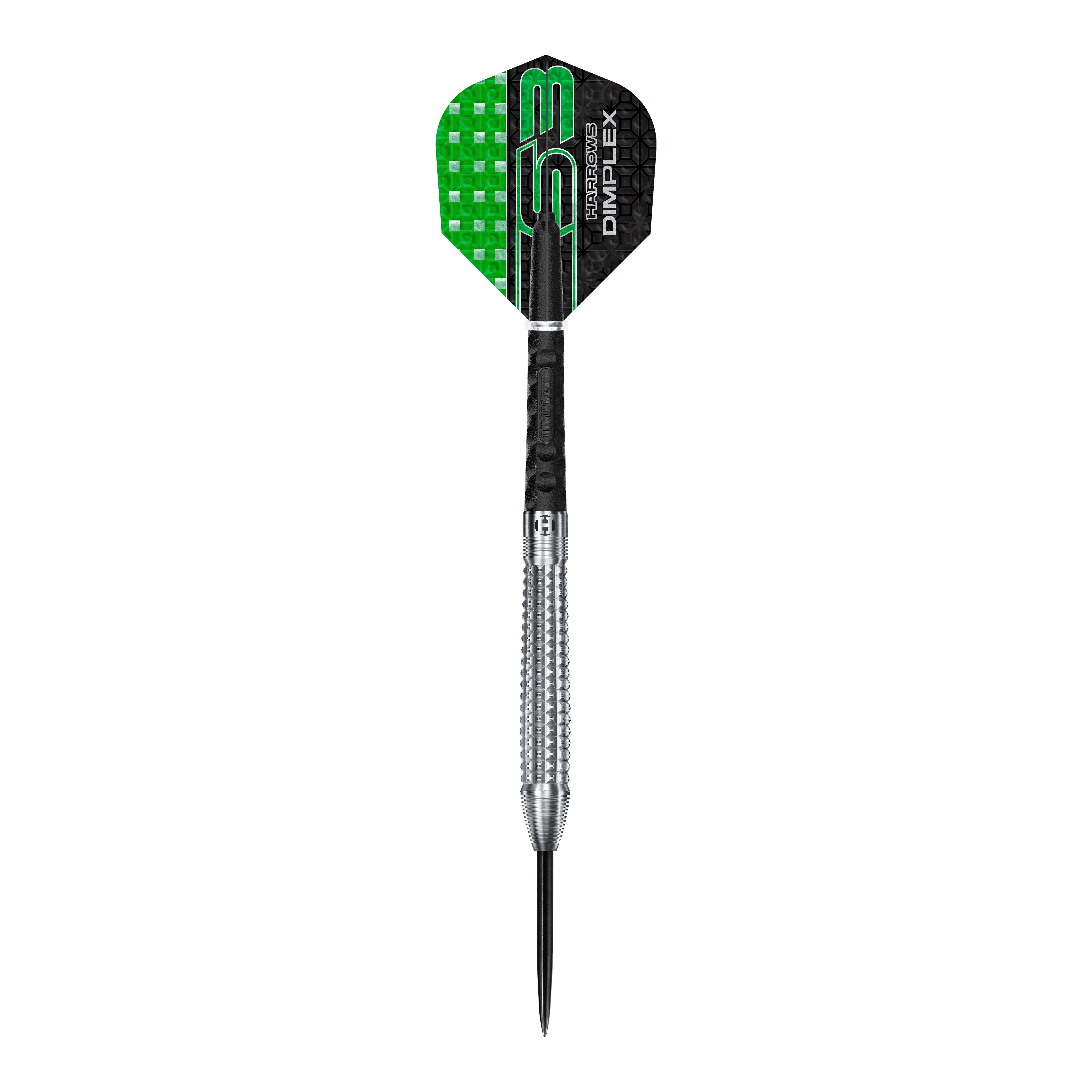Harrows Dimplex S3 Tapered Steeldarts Auf dem Bild ist ein Harrows Dimplex S3 Tapered Steeldart zu sehen. Der Dartpfeil hat eine silberne, geriffelte Spitze und grün-schwarze Flights.