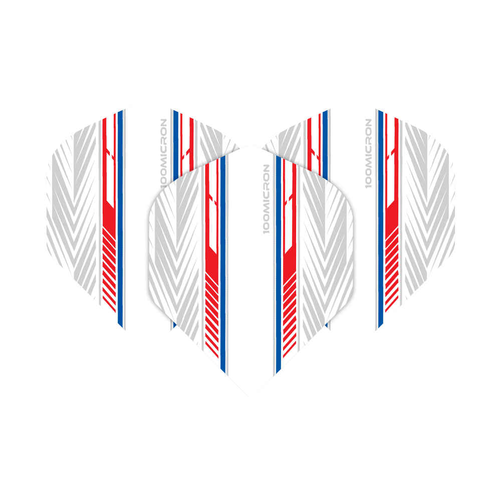 Pentathlon Flights weiß/rot/blau Das Bild zeigt die "Pentathlon White Red Blue No2 Standard Flights". Die Flights sind überwiegend weiß mit roten, blauen und grauen Linienmustern.
