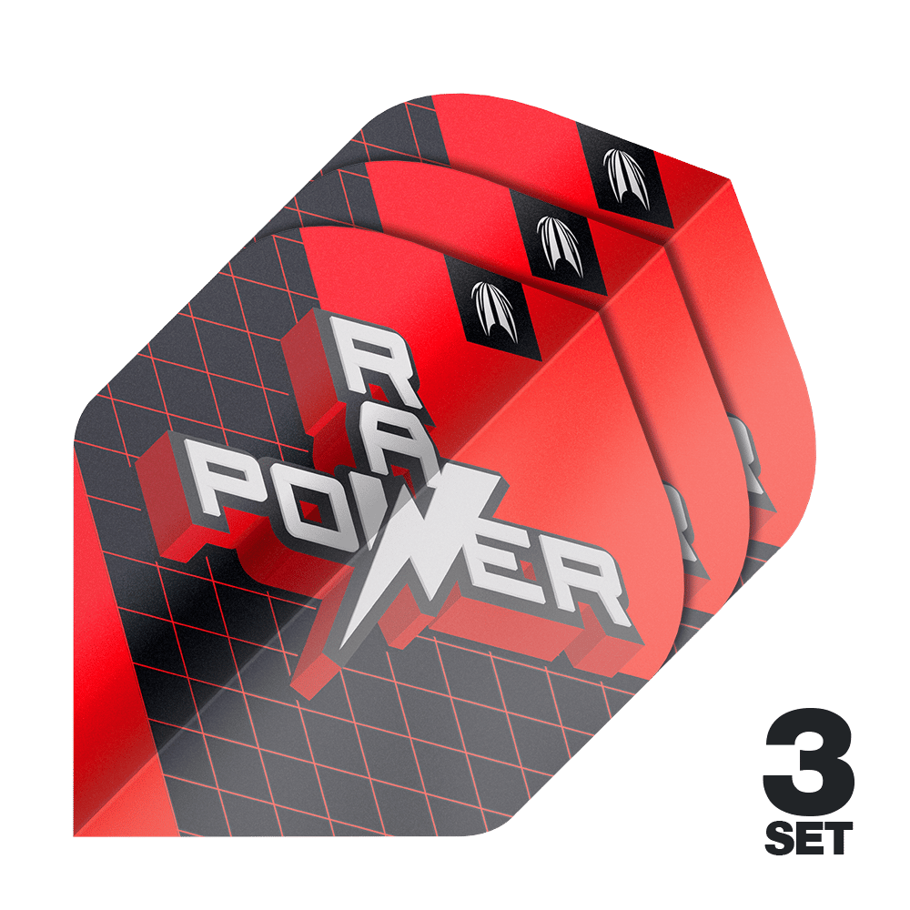 Das Bild zeigt drei Sets der Target Pro Ultra Phil Taylor Power 9Five GEN11 No2 Standard Flights. Die Flights sind rot-schwarz gestaltet und tragen den Schriftzug "POWER".