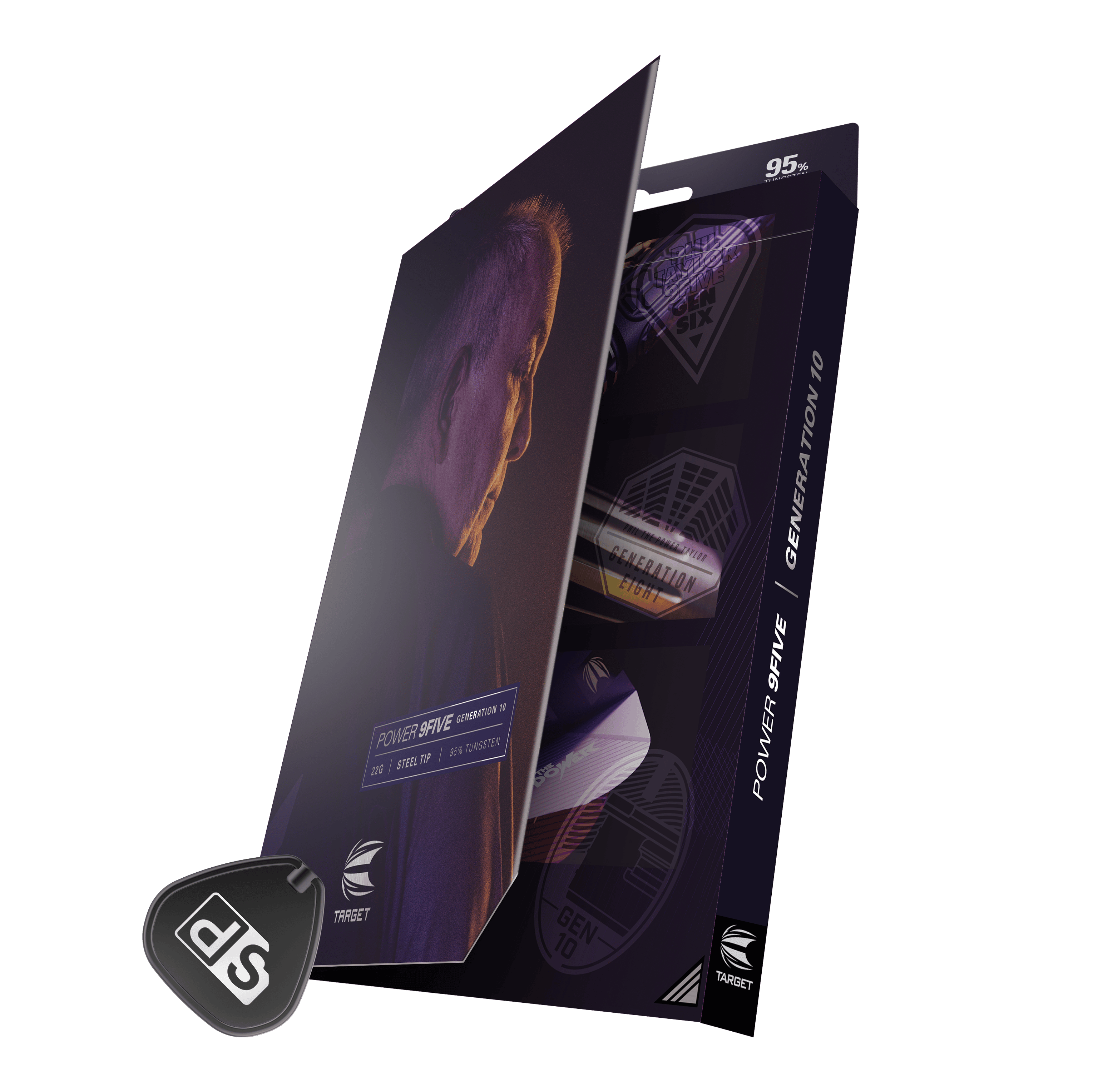 Die Abbildung zeigt die Verpackung der "Target Phil Taylor Power 9Five GEN10 Swiss Point Steeldarts". Auf der Verpackung ist ein Porträt von Phil Taylor sowie das Produktdesign prominent abgebildet.