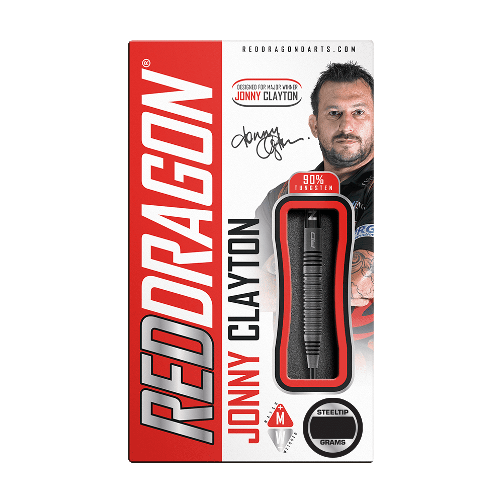 Auf der Verpackung sind Red Dragon Steeldarts abgebildet, die für Jonny Clayton entworfen wurden. Rechts auf der Verpackung ist ein Bild von Jonny Clayton sowie seine Unterschrift zu sehen.