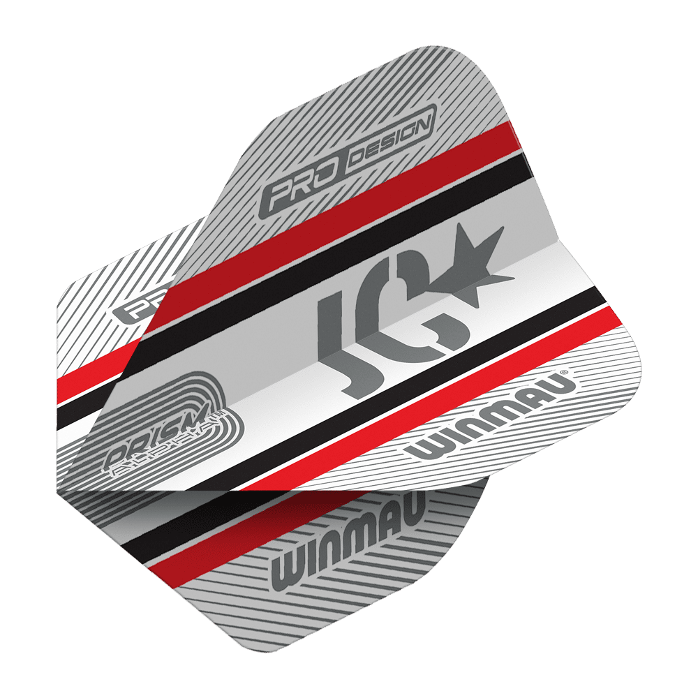 Das Bild zeigt die Winmau Alpha Joe Cullen 85 Standard Flights für Darts. Das Design ist in Silber, Rot, Schwarz und Weiß gehalten und trägt die Logos "Winmau" und "JC".