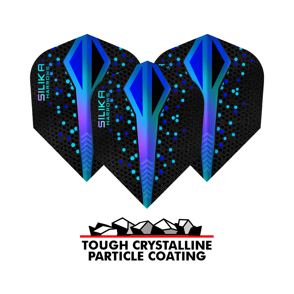 Harrows Silika Colourshift Tough Crystalline Coating Blue No6 Flights Das Bild zeigt drei Harrows Silika Colourshift Tough Crystalline Coating Blue No6 Flights. Darunter befindet sich ein Logo mit der Aufschrift "Tough Crystalline Particle Coating".
