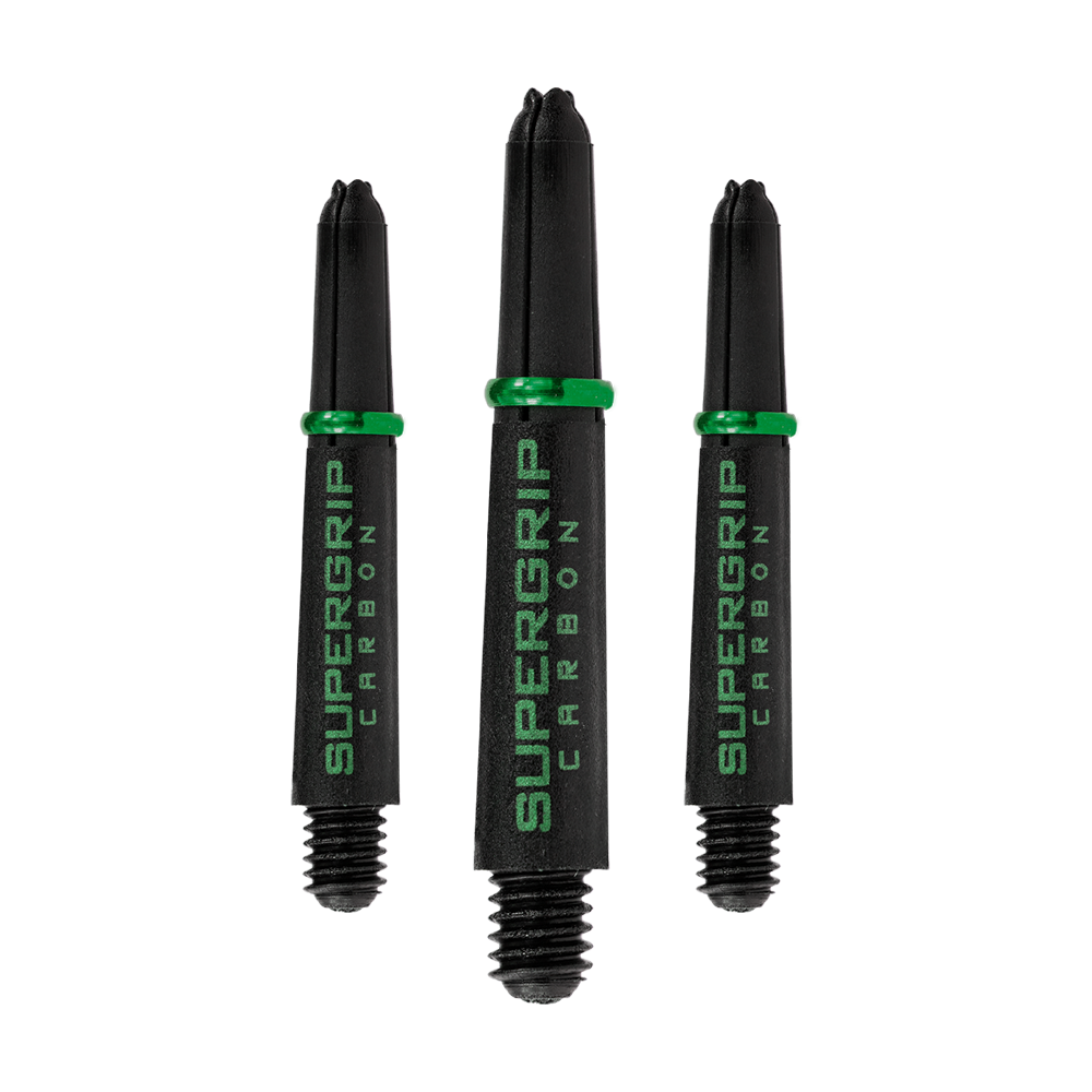 HR360_Harrows_Supergrip_Carbon_Shafts_Gr-n_33mm_10sZZZfPlSbL56 Das Bild zeigt drei schwarze Harrows Supergrip Carbon Shafts mit grünen Ringen. Die Schrift „SUPERGRIP CARBON“ ist in grüner Farbe auf den Schäften zu sehen.