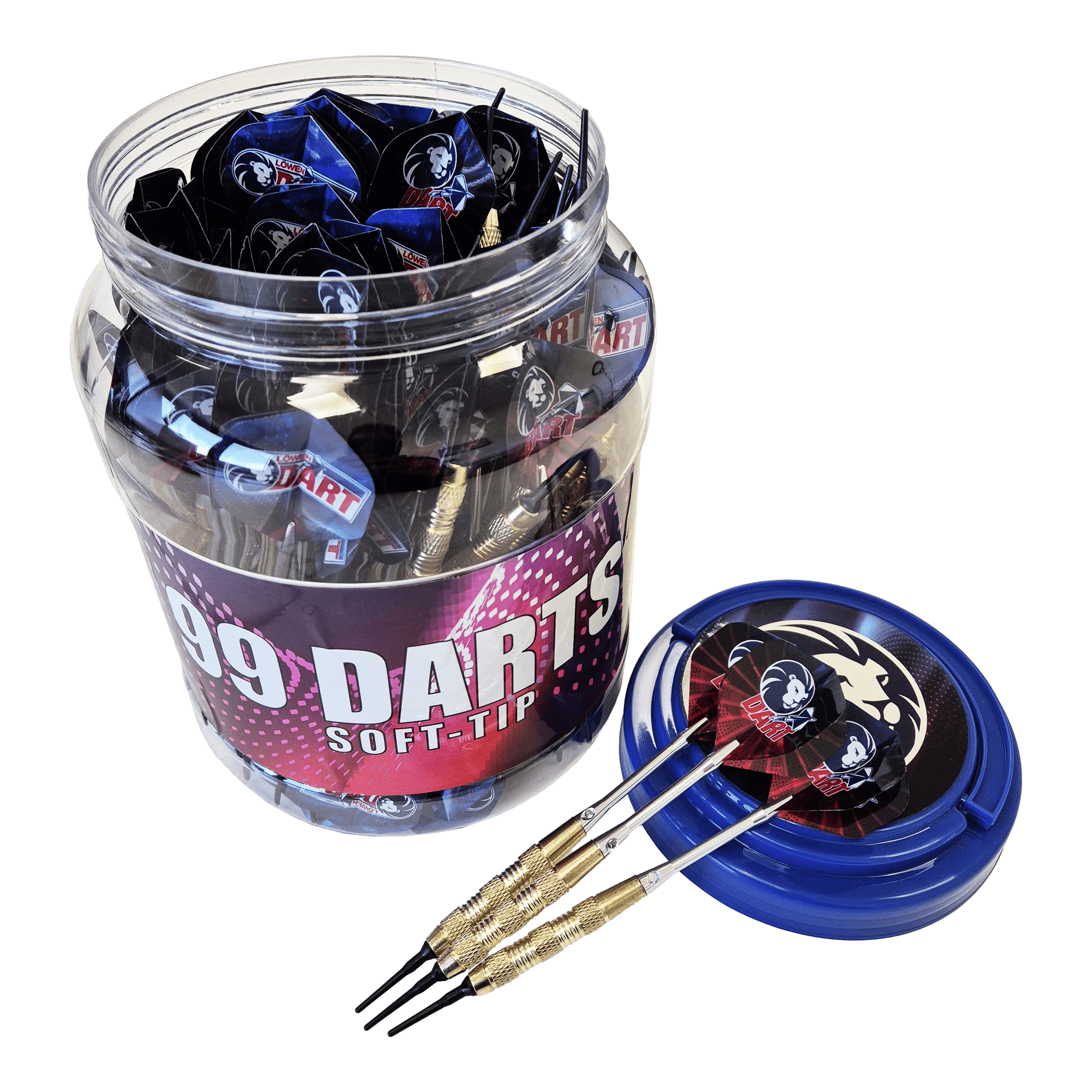 Das Bild zeigt eine große Dose mit der Aufschrift „99 DARTS SOFT-TIP“, die viele Soft-Tip-Darts enthält. Drei der 18g Darts liegen auf dem blauen Deckel neben der Dose.