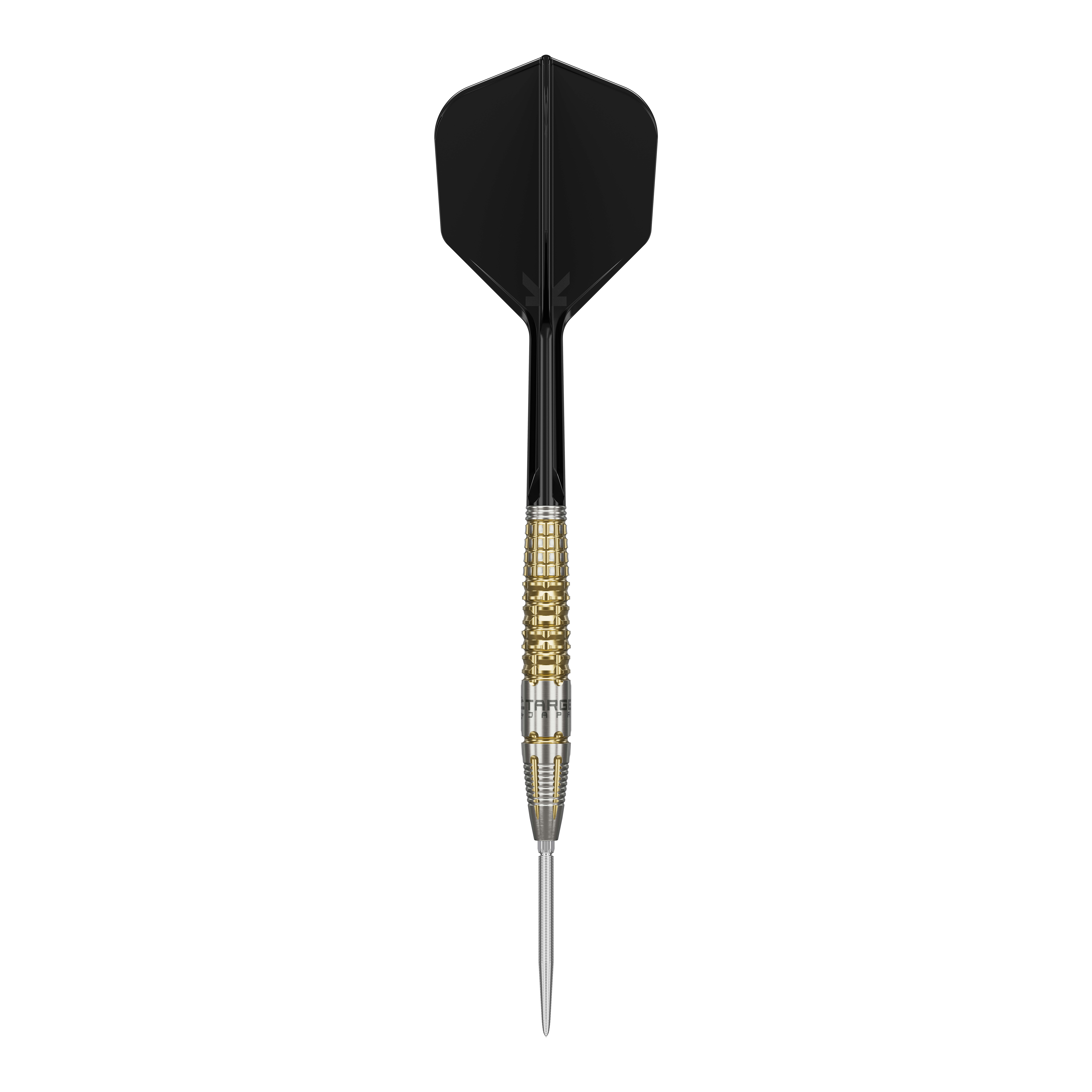 Target Black Marque Warrior Swiss Point Steeldarts Das Bild zeigt einen Target Black Marque Warrior Swiss Point Steeldart. Der Dart hat eine schwarze Flight, einen gold-silbernen Griffbereich und eine spitze Stahlspitze.