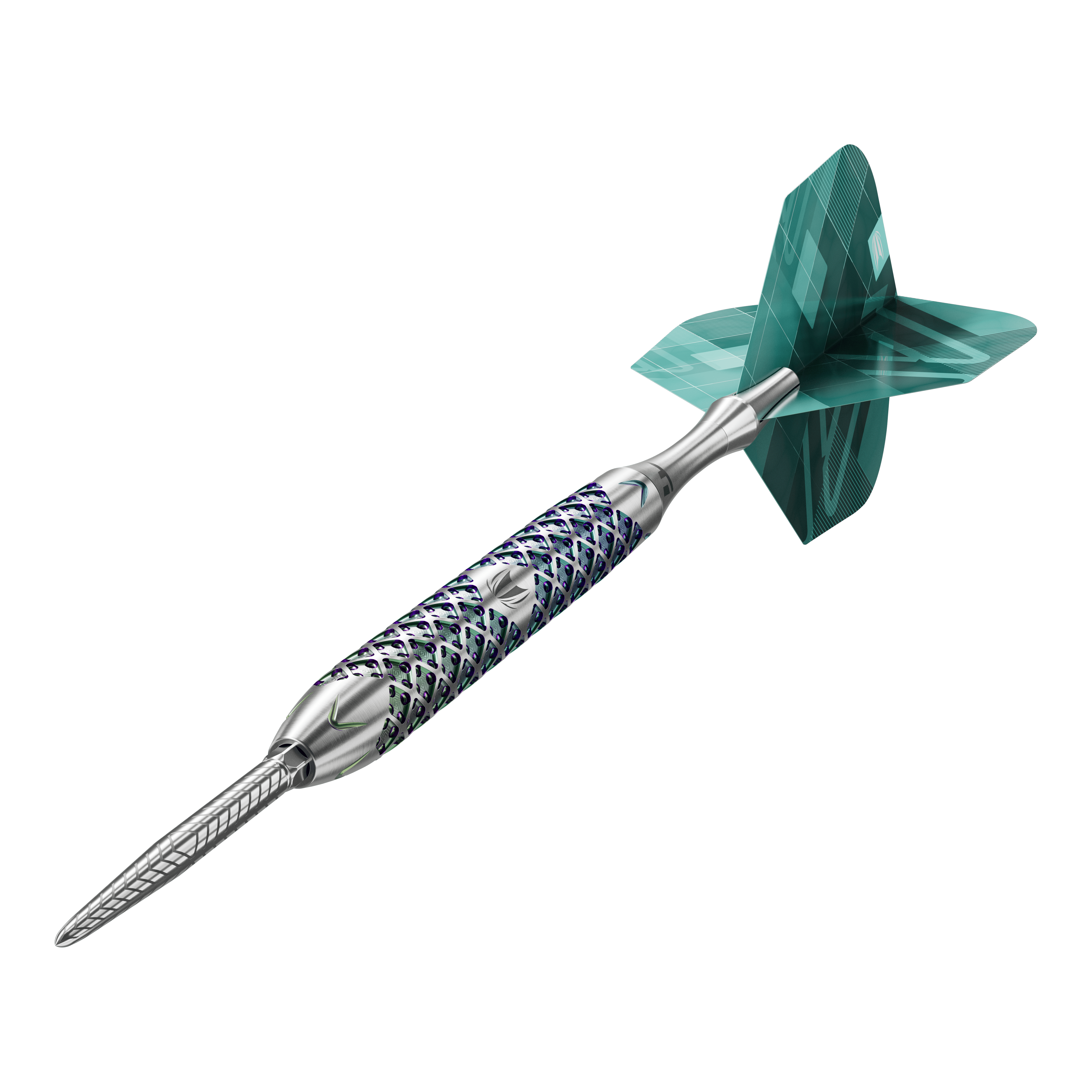 Target Rove 01 Swiss Point Steeldarts Das Bild zeigt einen Target Rove 01 Swiss Point Steeldart mit silbernem Schaft und blau-grünen Akzenten. Am hinteren Ende befindet sich eine grün gemusterte Dartflügel.