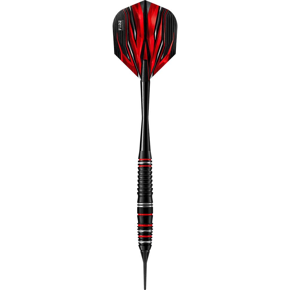 Das Bild zeigt einen „Harrows Fire High Grade Alloy Softdart“ mit einem schwarzen Schaft und roten Akzenten. Die Dartflüge sind ebenfalls rot-schwarz gemustert und haben ein auffälliges Design.
